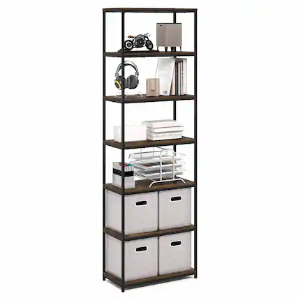 Front. Furinno - SIMPLISTIC Book Shelf, 7-Tier Bookshelf, Metal Frame Bookcases, Metal Storage Shelves, 11.8 x 23.6 x 74.9 - Amber Pine.
