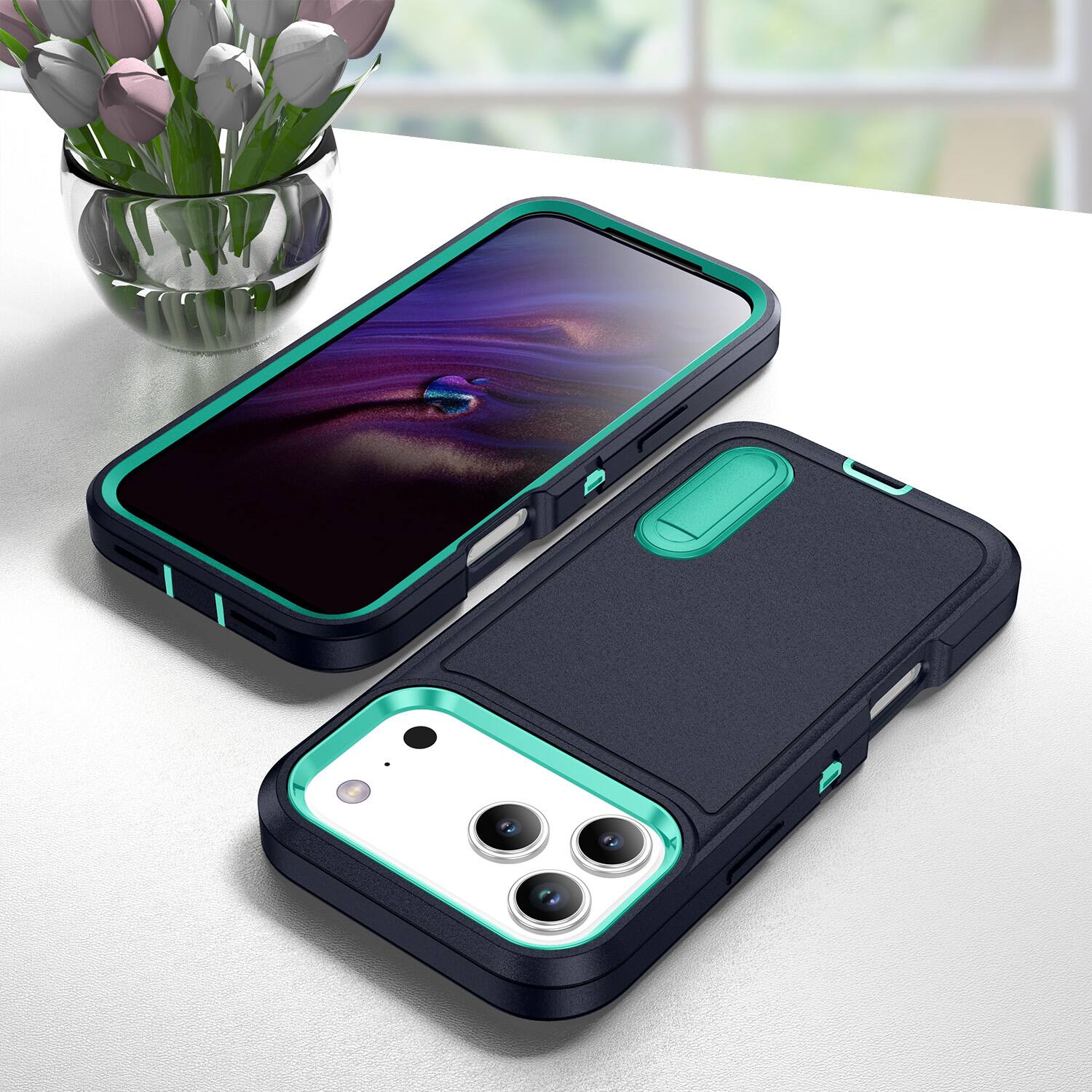 Alt View 3. Dteck - Heavy Duty Case for Apple iPhone 17 Pro w/ Foldable Kickstand,Dual-Layer Shockproof Hard PC Soft Silicone Phone Cover - E.