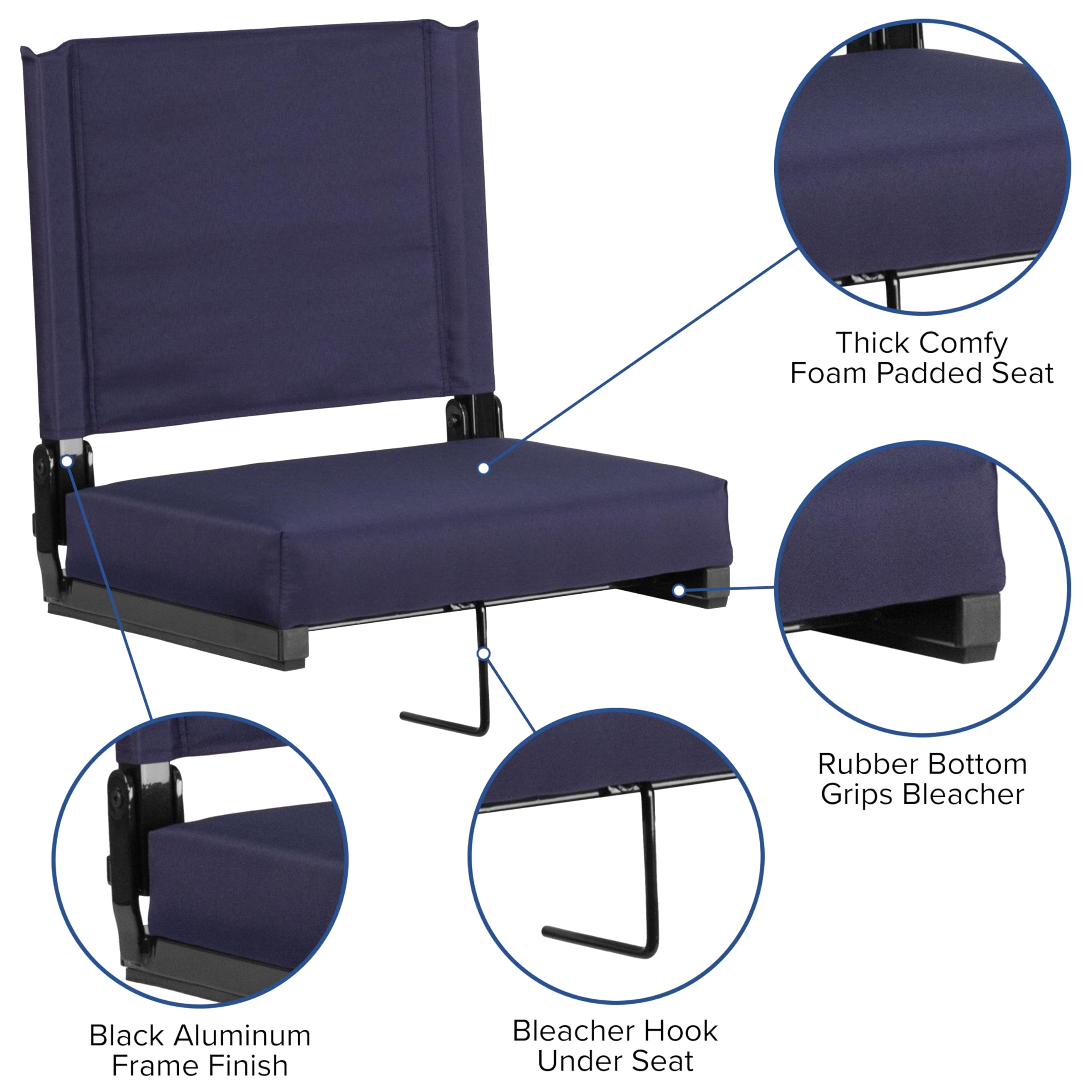 - Thick Comfy Foam Padded Seat
- Rubber Bottom Grips Bleacher
- Black Aluminum Frame Finish
- Bleacher Hook Under Seat