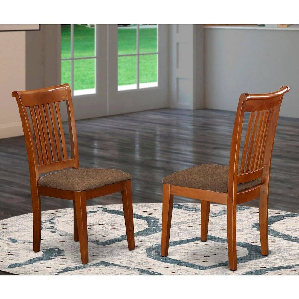 Angle. East West Furniture - POC-SBR-C Portland slat back chair for kitchen with Fabric seat - Saddle Brown.