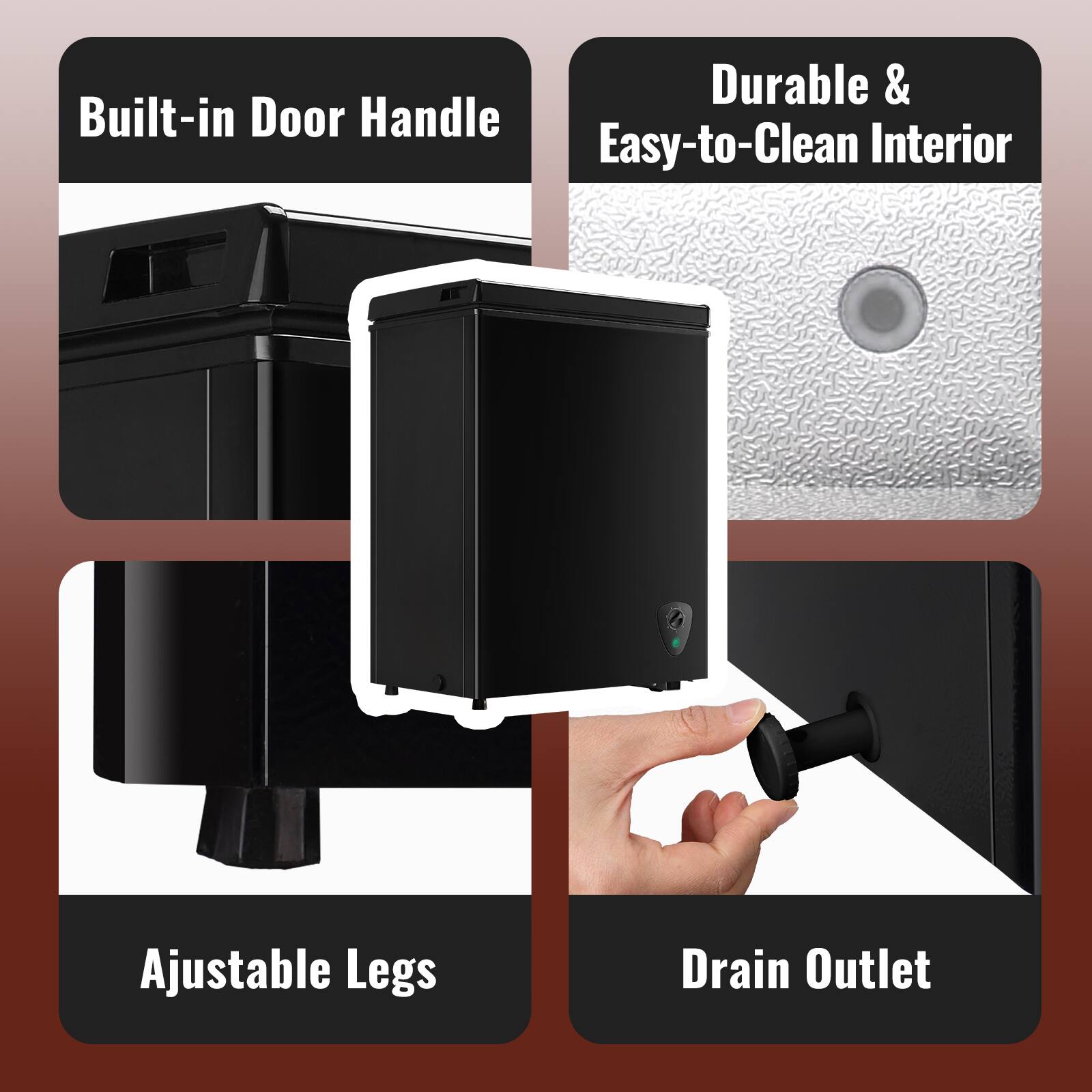 - Built-in Door Handle
- Durable & Easy-to-Clean Interior
- Adjustable Legs
- Drain Outlet