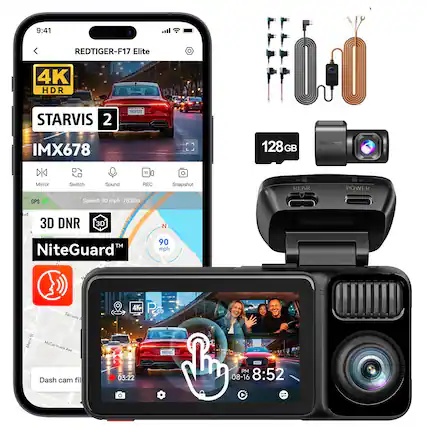 9:41 REDTIGER-F17 Elite 4K HDR STARVIS 2 IMX678 - 128GB REDI DK E I Mirror Switch Sound REC Snapshot GPS Speed: 90 mph 7832m d 3D DNR 3D NiteGuard mph REAR POWER Serouie 4K Aern McCormack AE 281H2 Dash cam fil 03:22 PM 08-16 8:52