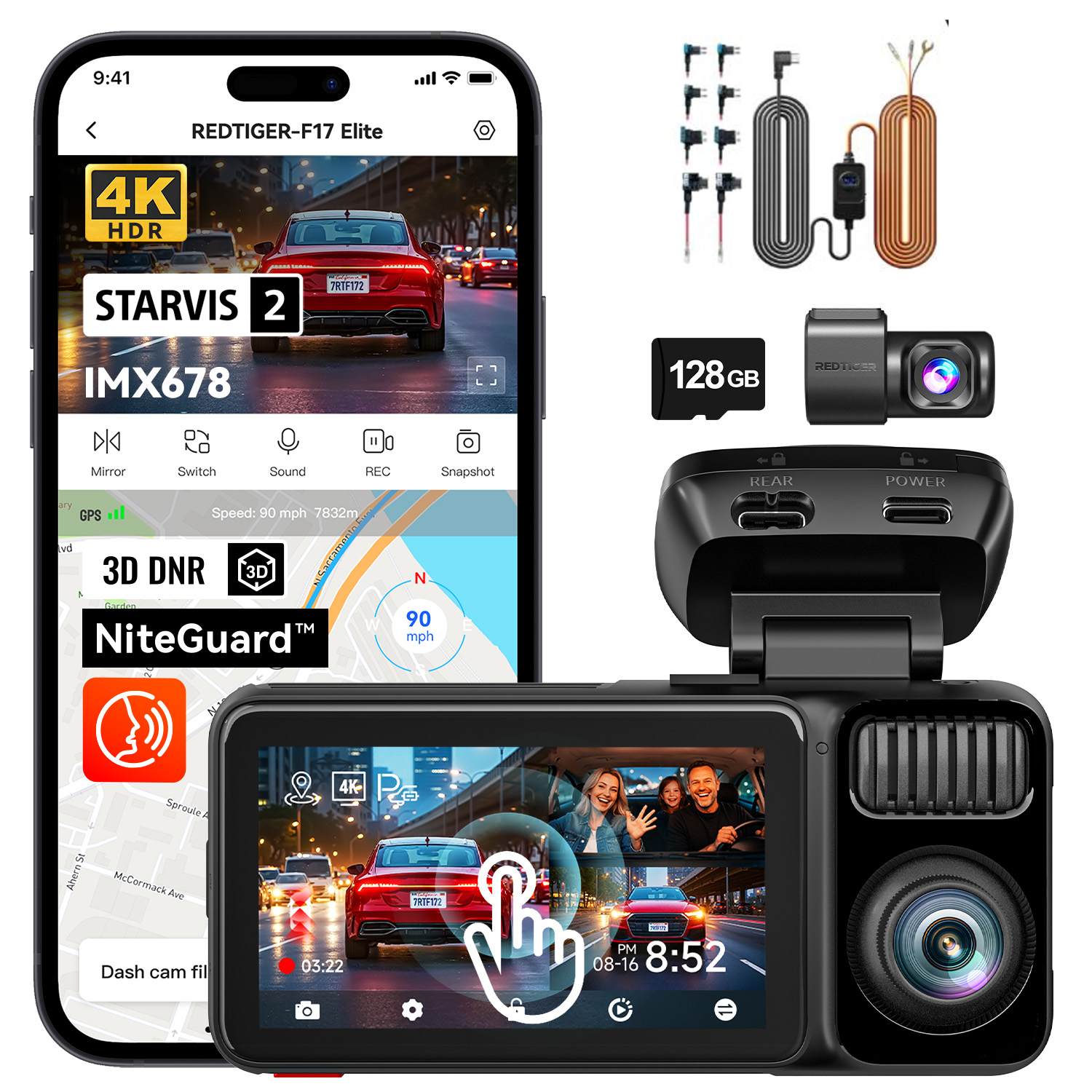 9:41 REDTIGER-F17 Elite 4K HDR STARVIS 2 IMX678 - 128GB REDI DK E I Mirror Switch Sound REC Snapshot GPS Speed: 90 mph 7832m d 3D DNR 3D NiteGuard mph REAR POWER Serouie 4K Aern McCormack AE 281H2 Dash cam fil 03:22 PM 08-16 8:52