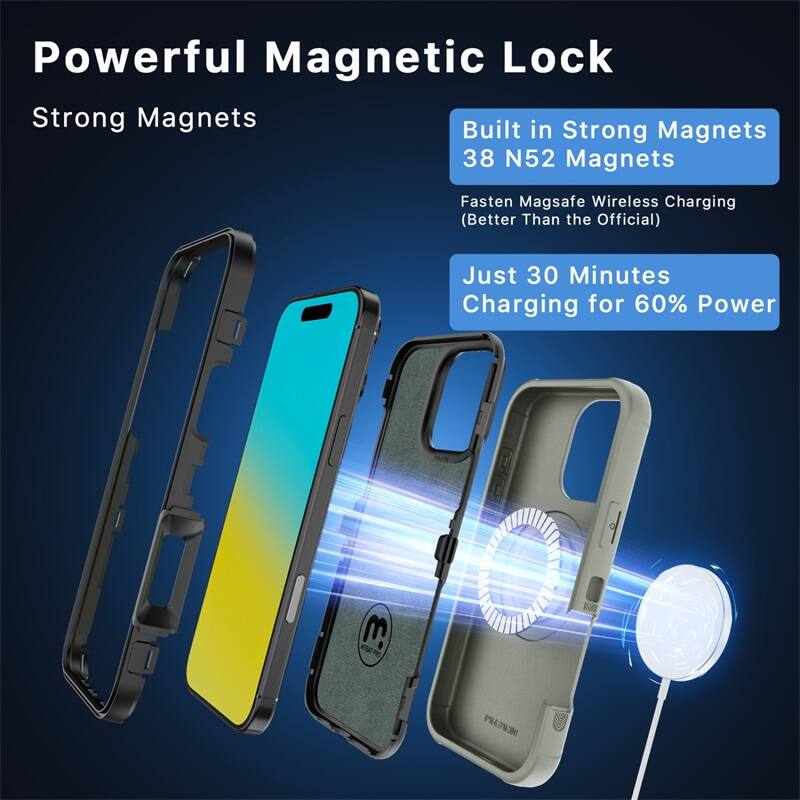 Powerful Magnetic Lock, Strong Magnets, Built in Strong Magnets, 38 N52 Magnets, Fasten Magsafe Wireless Charging (Better Than the Official), Just 30 Minutes Charging for 60% Power