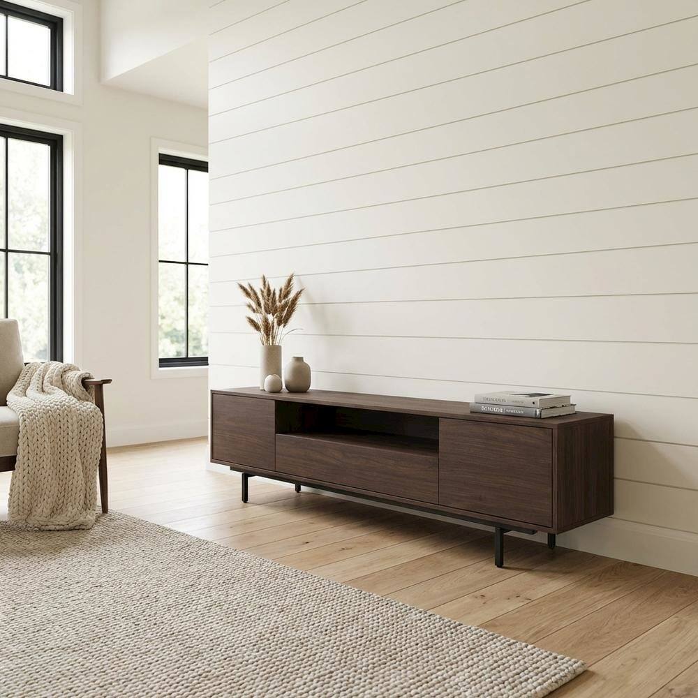 Left. FurniFact - Walnut Finish Modern TV Console with 3 Doors in Engineered Wood - Brown.