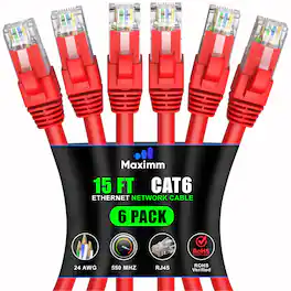 Maximm - Cat 6 Ethernet Cable 15 ft (6-Pack) - UTP, 10Gbps, 550MHz