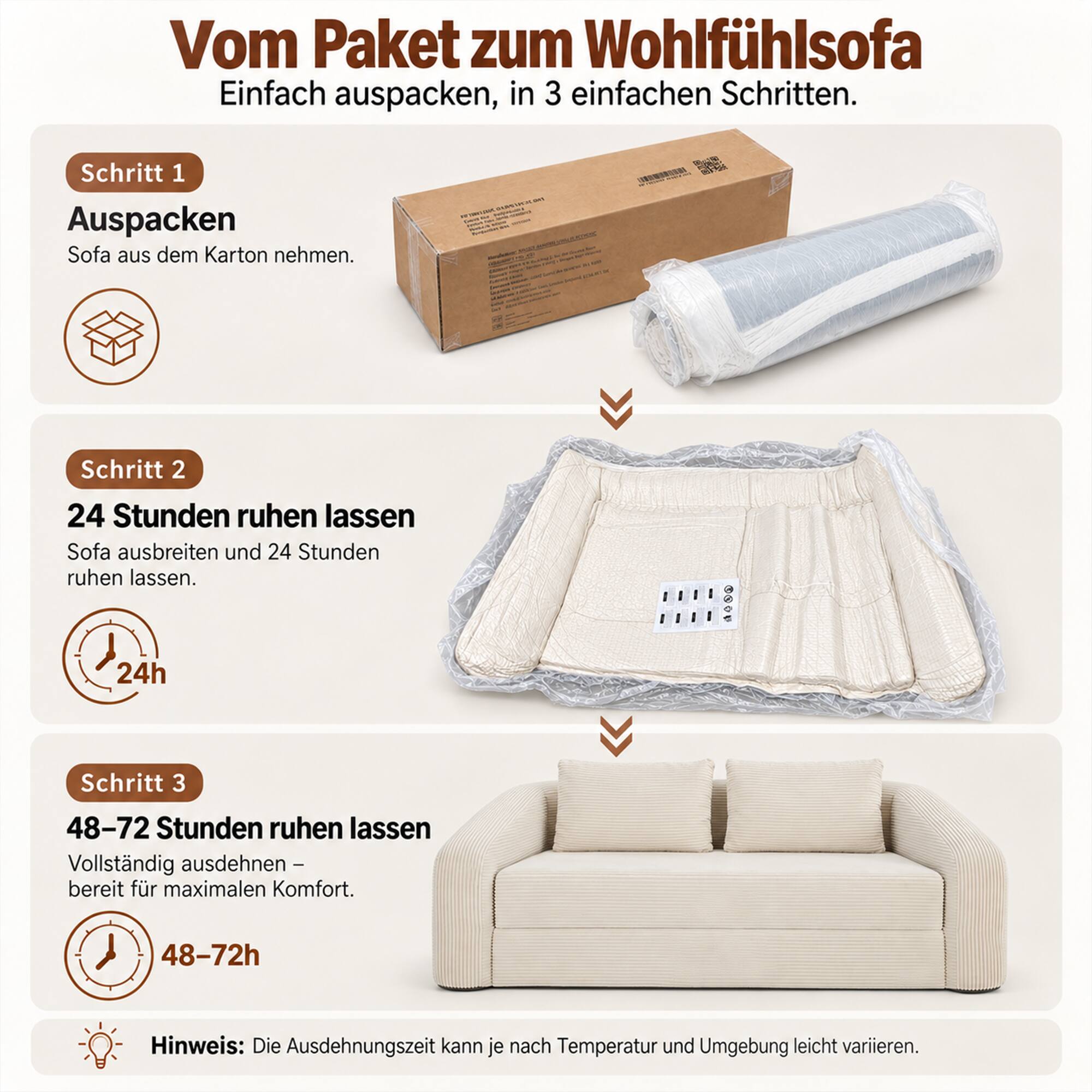Vom Paket zum Wohlfühlsofa  
Einfach auspacken, in 3 einfachen Schritten.

Schritt 1  
Auspacken  
Sofa aus dem Karton nehmen.

Schritt 2  
24 Stunden ruhen lassen  
Sofa ausbreiten und 24 Stunden ruhen lassen.

Schritt 3  
48-72 Stunden ruhen lassen  
Vollständig ausdehnen – bereit für maximalen Komfort.

Hinweis: Die Ausdehnungszeit kann je nach Temperatur und Umgebung leicht variieren.