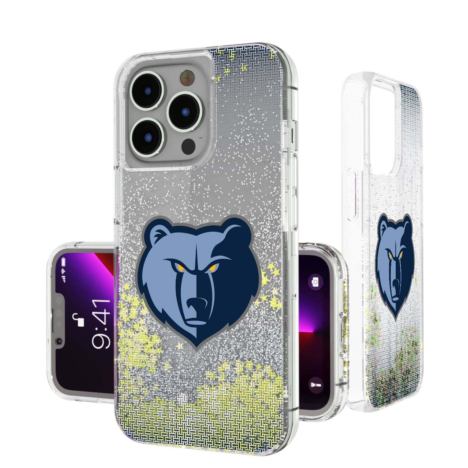 Front. Keyscaper - Memphis Grizzlies Linen Logo iPhone Glitter Case - 15 Pro - Multicolor.