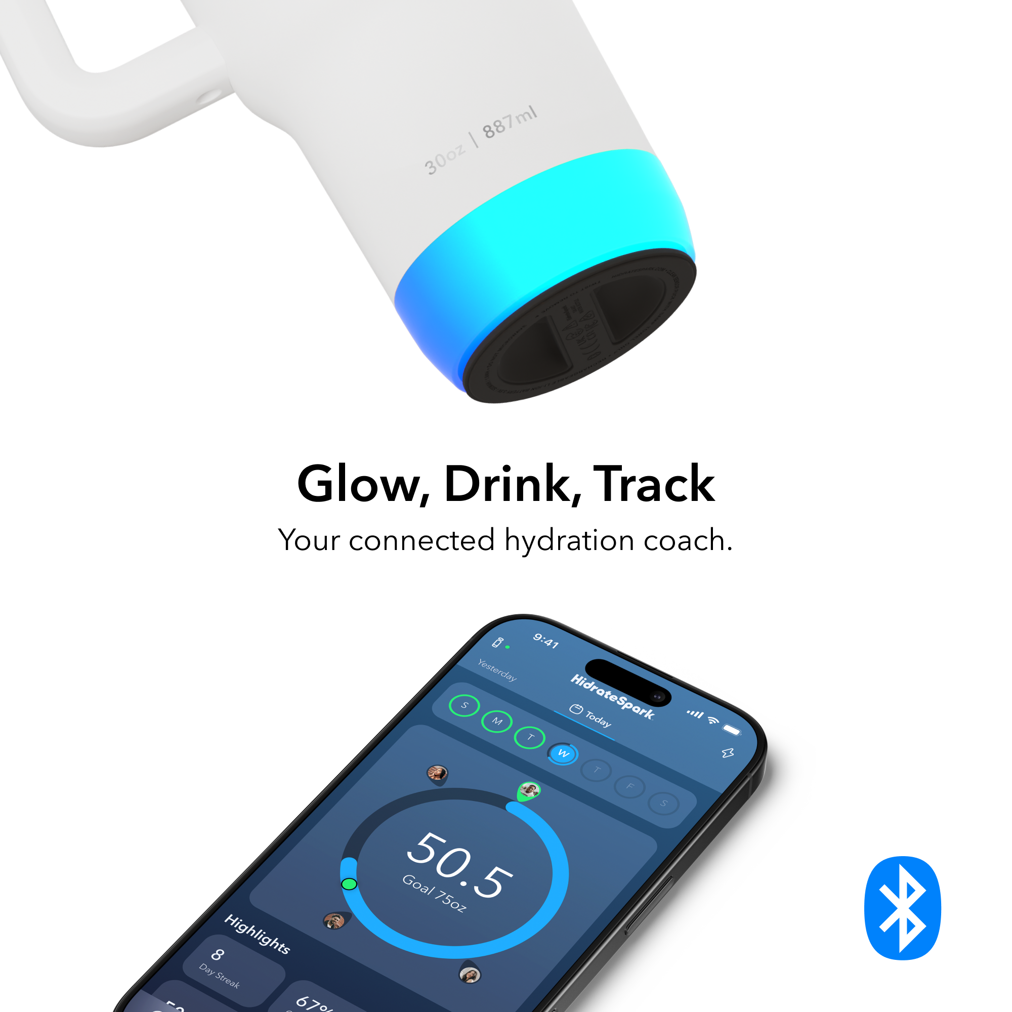 Sure, here is the corrected and grouped text:

**Water Bottle:**
- 30oz | 887ml

**App Display:**
- 9:41
- HidrateSpark
- Today
- 50.5 Goal 75oz
- Highlights
  - 8 Day-Spank
  - 67%
- 887ml