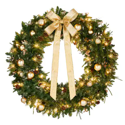 Front. Winado - 48in Pre-lit Christmas Wreath, Lighted Artificial Holiday Wreath with 150 Lights for In/Outdoor Xmas Party Decoration - Green/Golden.