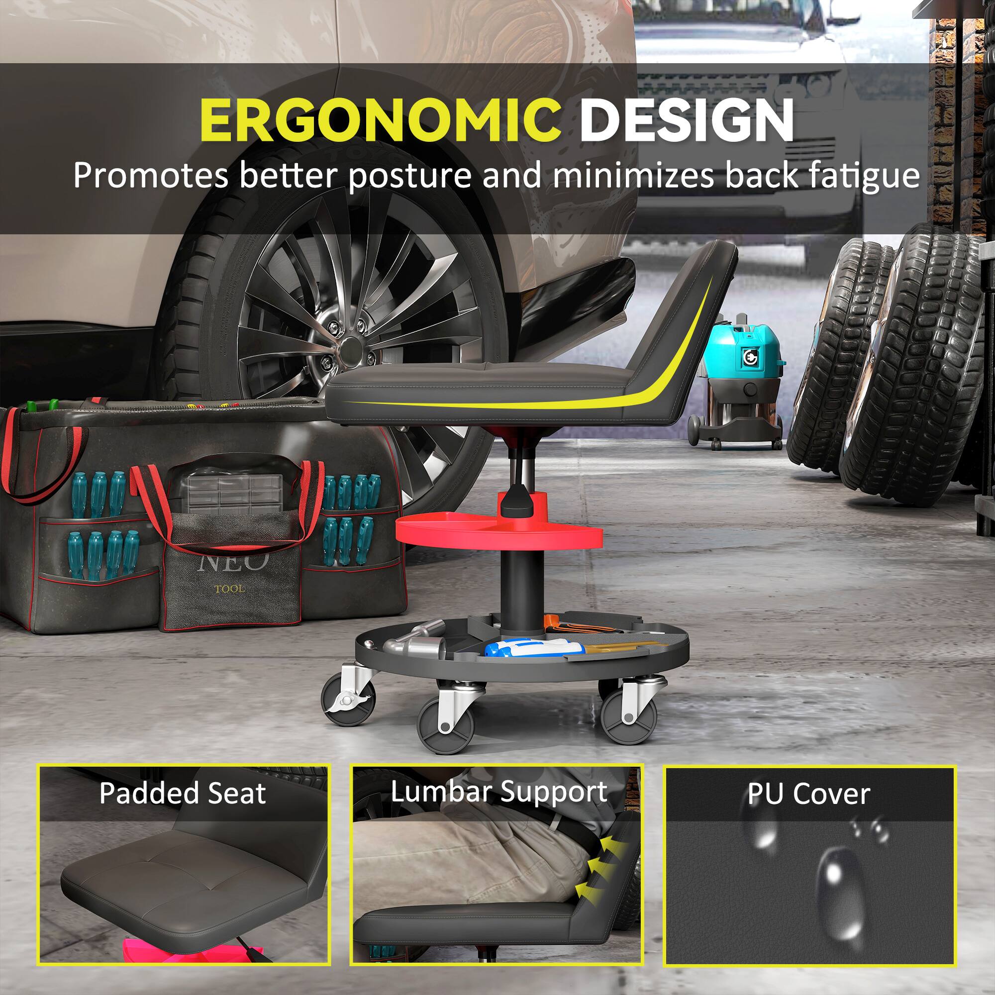 ERGONOMIC DESIGN, Promotes better posture and minimizes back fatigue, NEU TOOL, Padded Seat, Lumbar Support, PU Cover