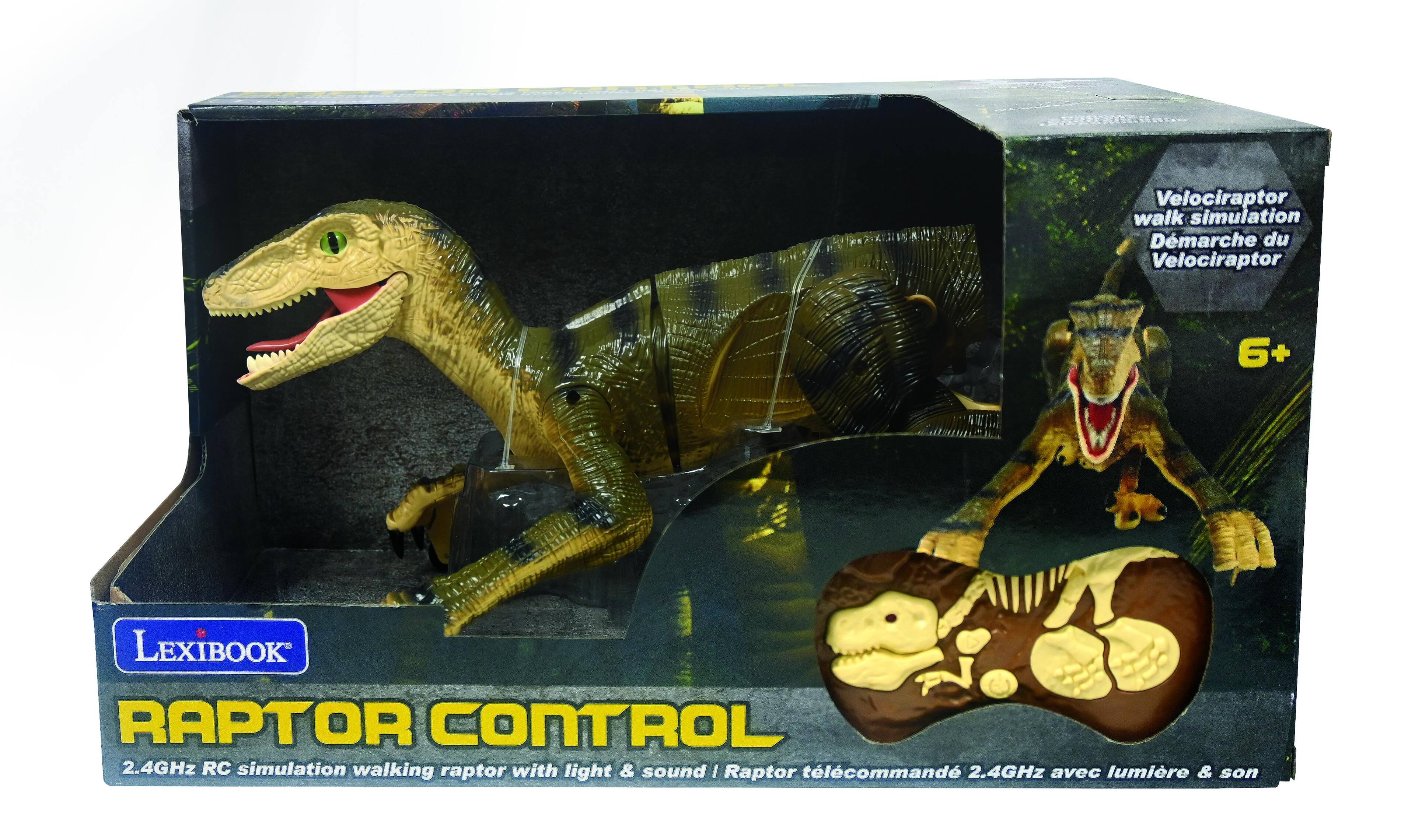 Velociraptor walk simulation  
Démarche du Velociraptor  
6+  

LEXIBOOK RAPTOR CONTROL  
2.4GHz RC simulation walking raptor with light & sound / Raptor télécommandé 2.4GHz avec lumière & son