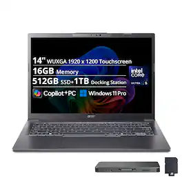 Acer - Upgraded - Aspire 14" WUXGA Touch Copilot+ PC Laptop,Intel Ultra 5 226V,16GB LPDDR5X,512GB SSD+1TB Dock,Backlit,Win11 Pro - Gray