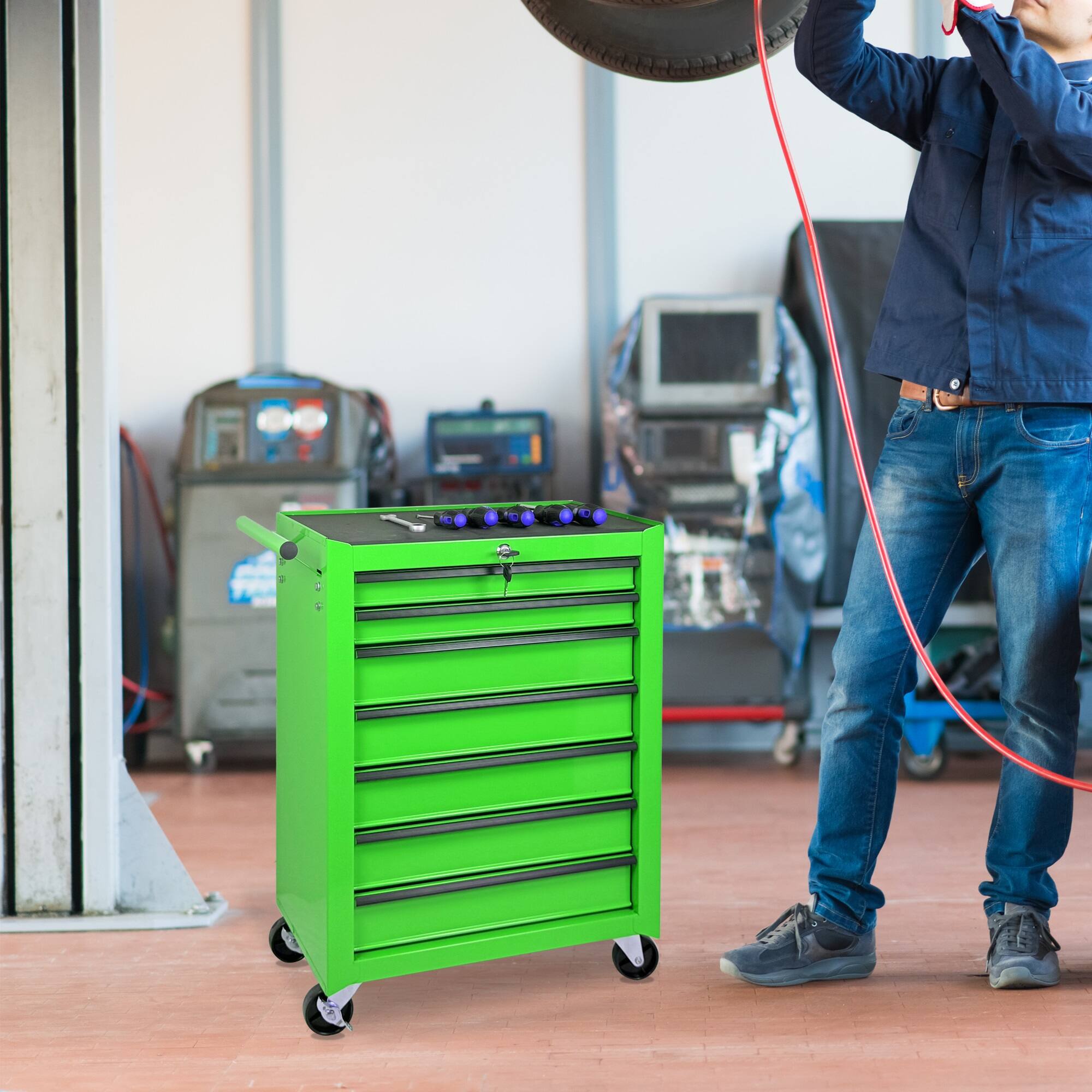 Alt View 4. Boyel Living - GREEN Rolling Metal Tool Chest with 6 Drawers, 20" 6-Drawer Tool Chest Cabinet.