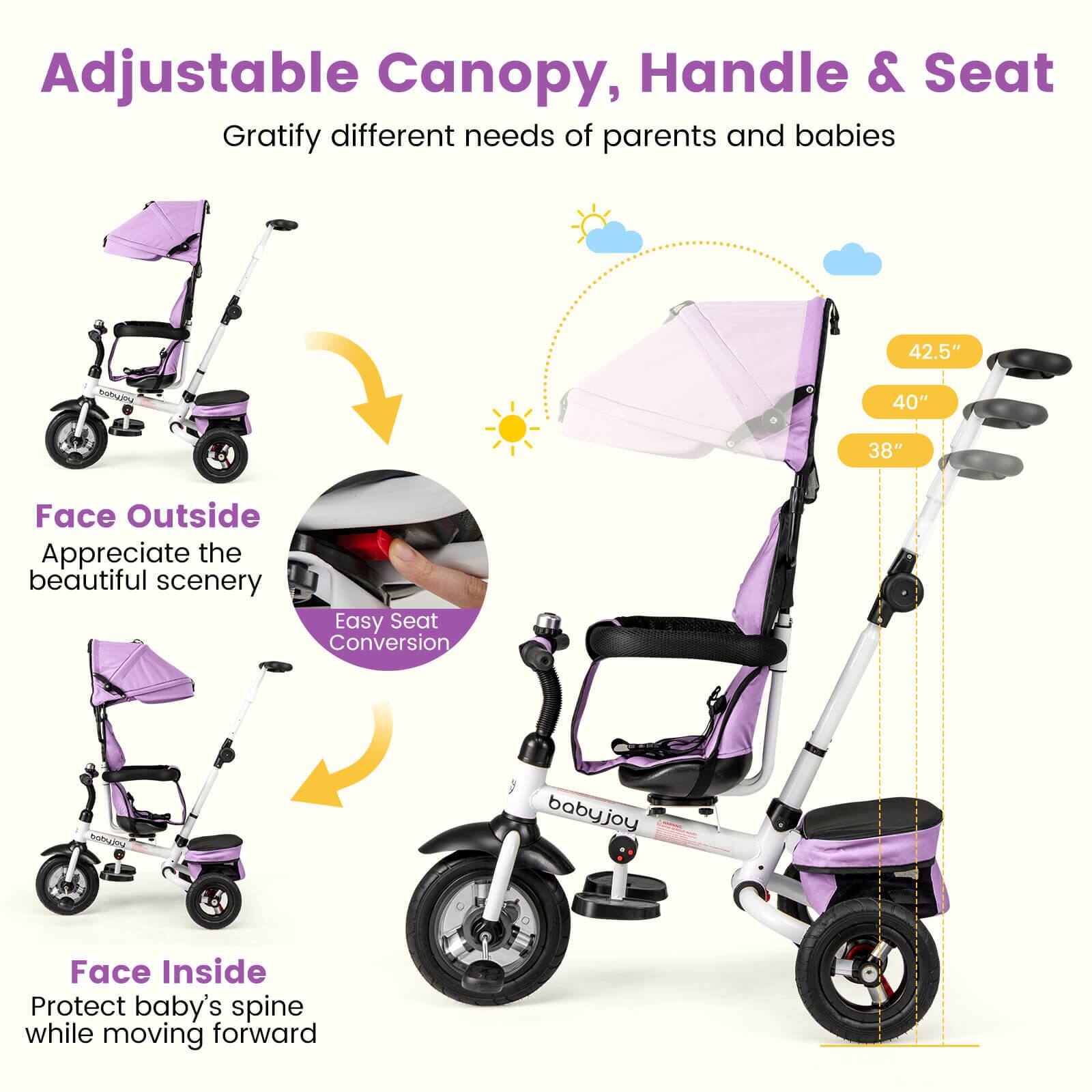 Adjustable Canopy, Handle & Seat  
Gratify different needs of parents and babies  

Face Outside  
Appreciate the beautiful scenery  

Face Inside  
Protect baby's spine while moving forward  

Easy Seat Conversion  

42.5"  
40"  
38"