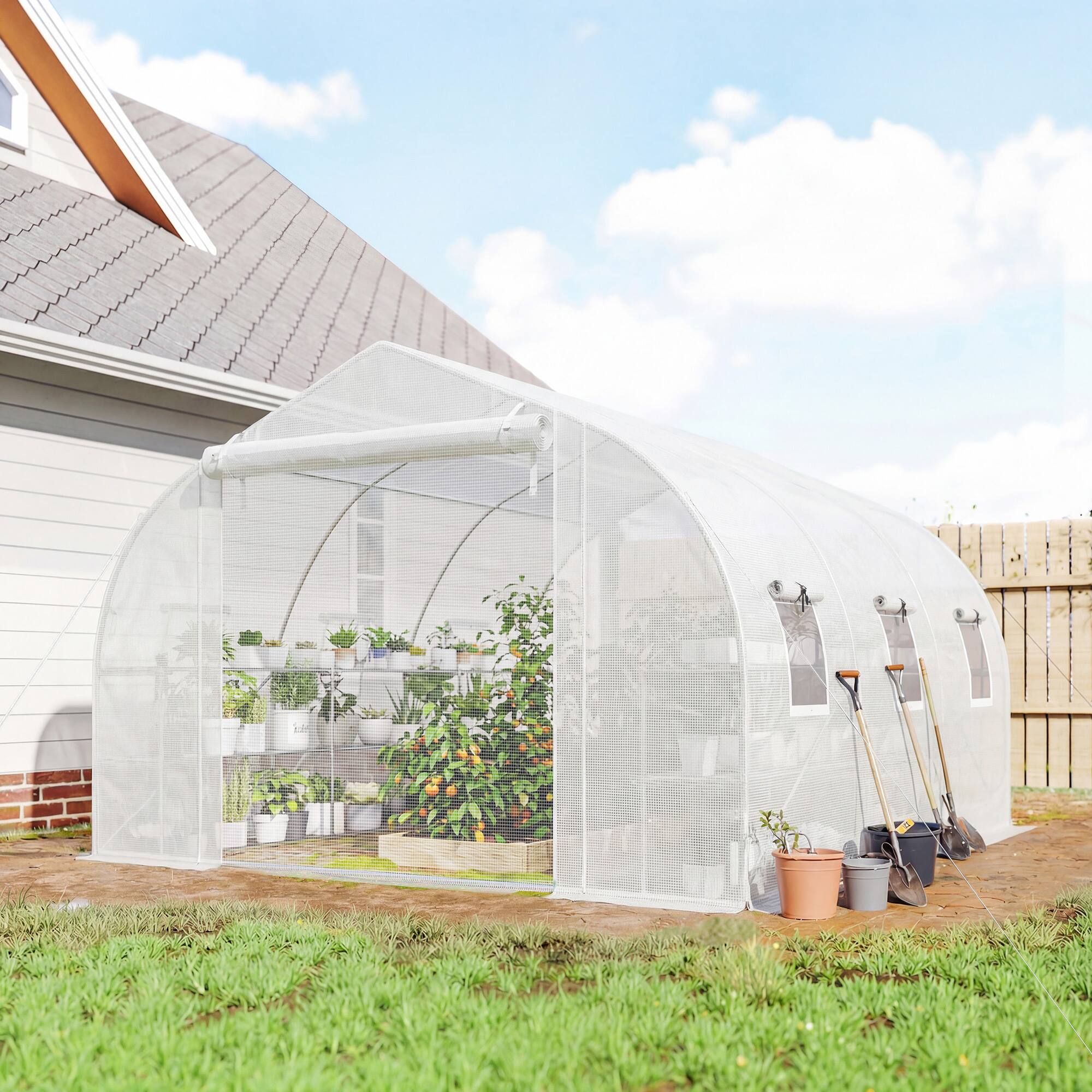 Alt View 1. Outsunny - Walk-in Tunnel Greenhouse with Shelves, Mesh Door and Windows - White.