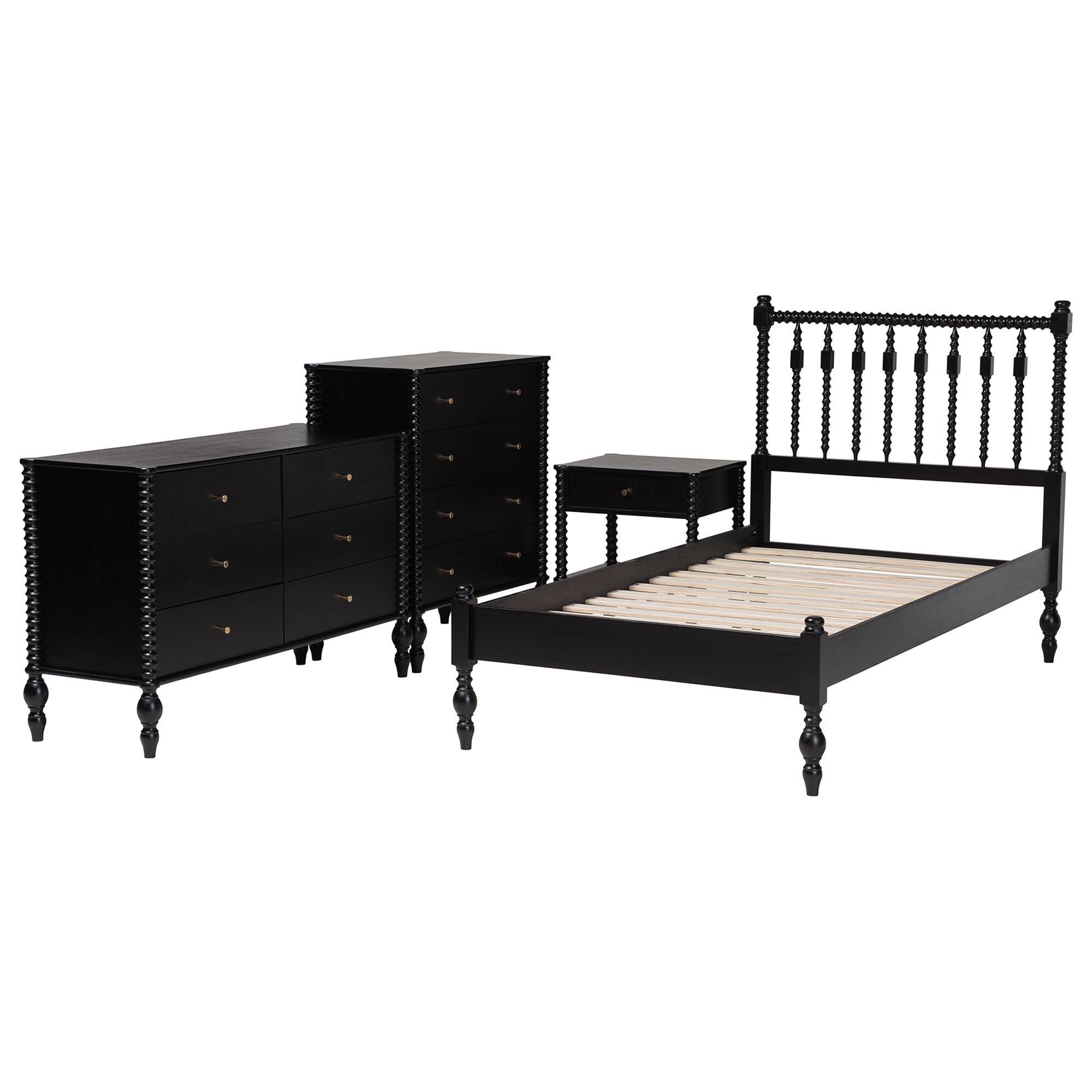 Angle. Baxton Studio - Denita Spindle 4-Piece Bedroom Set - Farmhouse Platform Bed with Matching Dresser, Chest, and 1-Drawer Nightstand, Twin - Black.