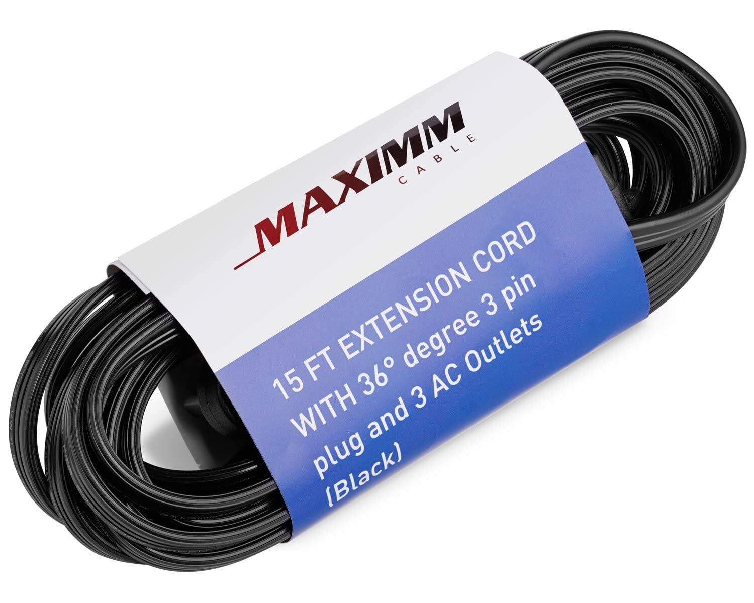 MAXIMM CABLE CORD EXTENSION 15 FT EXTENSION CORD WITH 36° degree 3 pin plug and 3 AC Outlets (Black)