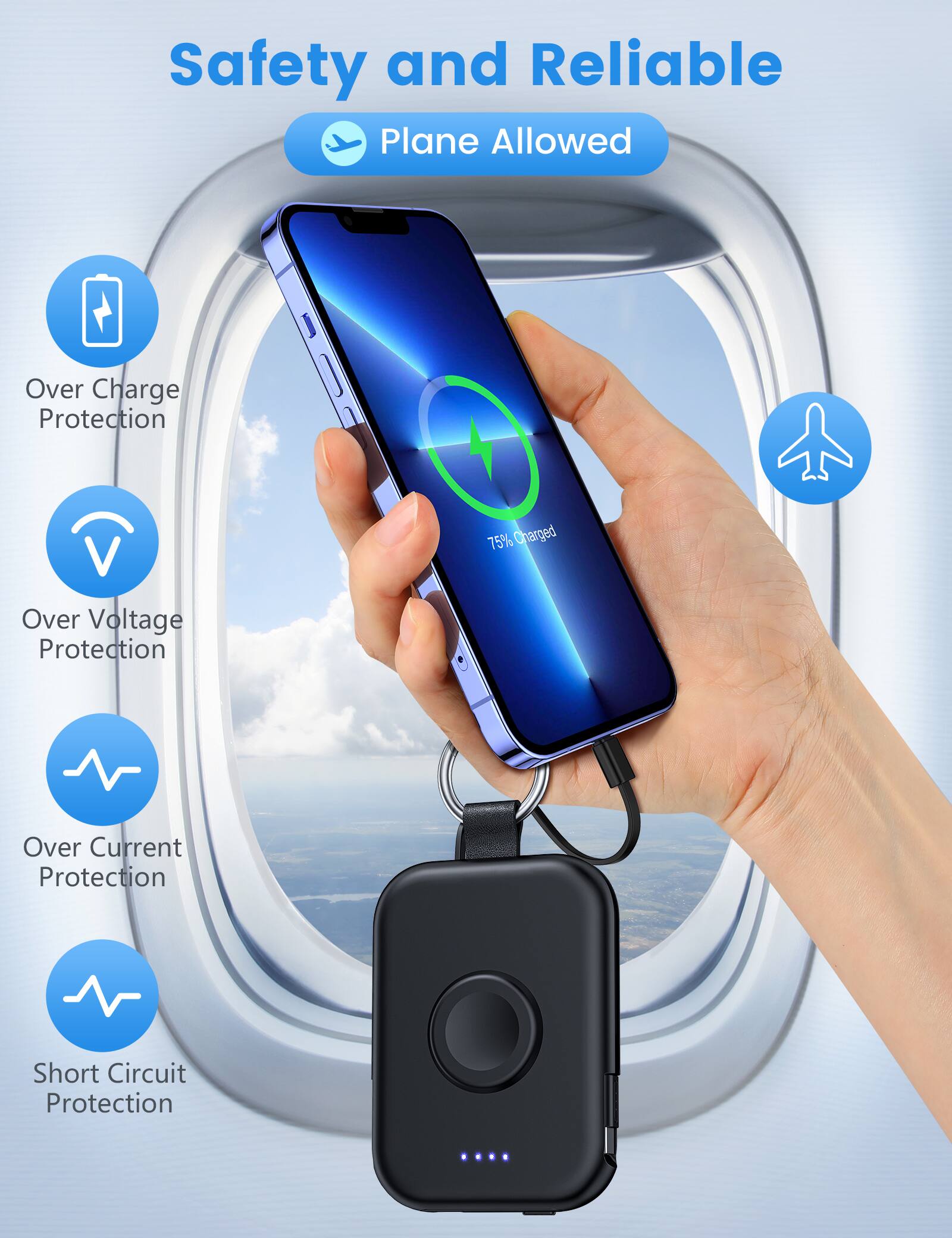 Safety and Reliable  
Plane Allowed  

Over Charge Protection  
Over Voltage Protection  
75% Charged  
Over Current Protection  
Short Circuit Protection