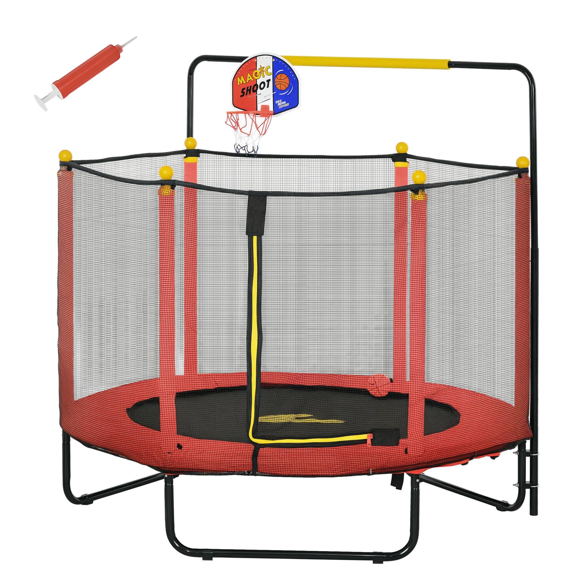 Qaba - 4.6' Trampoline, Basketball Hoop, Horizontal Bar, 55" Indoor Trampoline, Net, Small Springfree, Gifts - Red
