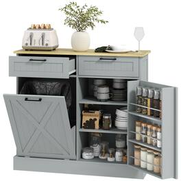 Homcom - Gallon Farmhouse Kitchen Cabinet with Hidden Trash Can and 2 Drawers - Gray