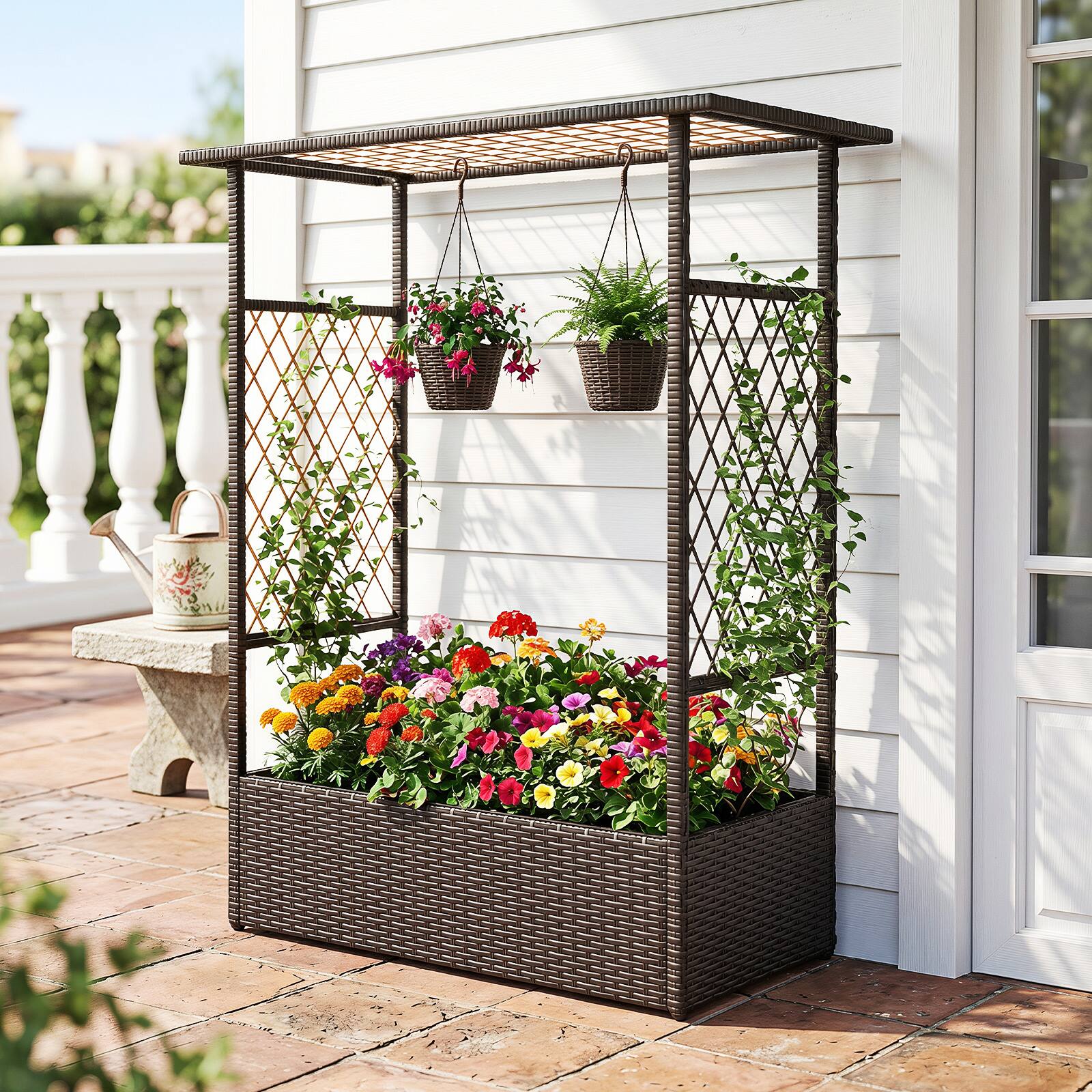 Alt View 3. Costway - Costway 2 PCS Raised Garden Bed 2-in-1 Elevated Planter Box with Hanging Roof & Trellises - Mixed Brown.