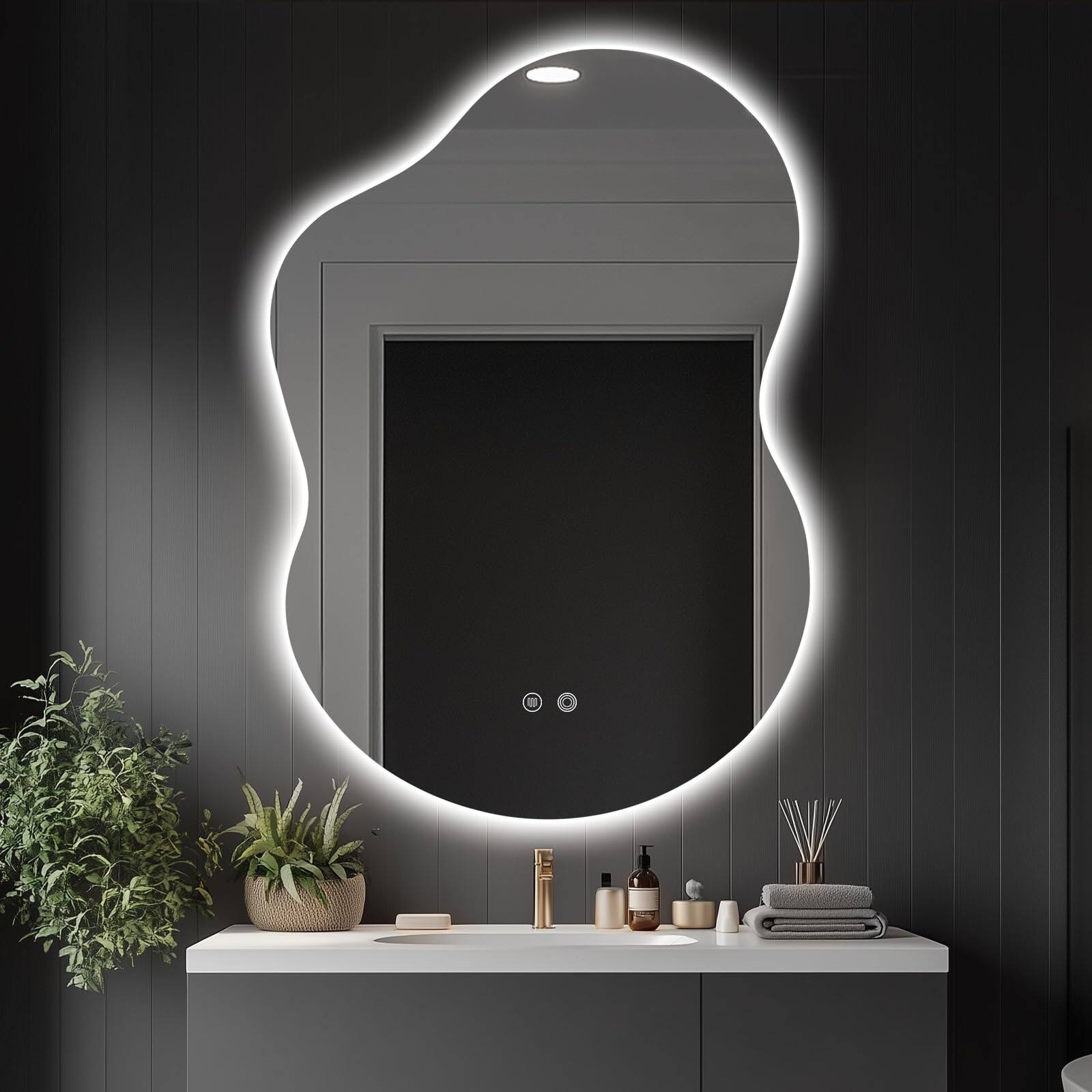 Front. VEGA AUTOMOTIVE - Irregular Led Lighted Vanity Mirror For Bathroom Front And Backlit Anti fog 3 color Dimmable Lighting Wall - Cloud Shape 40"L x 30"W.