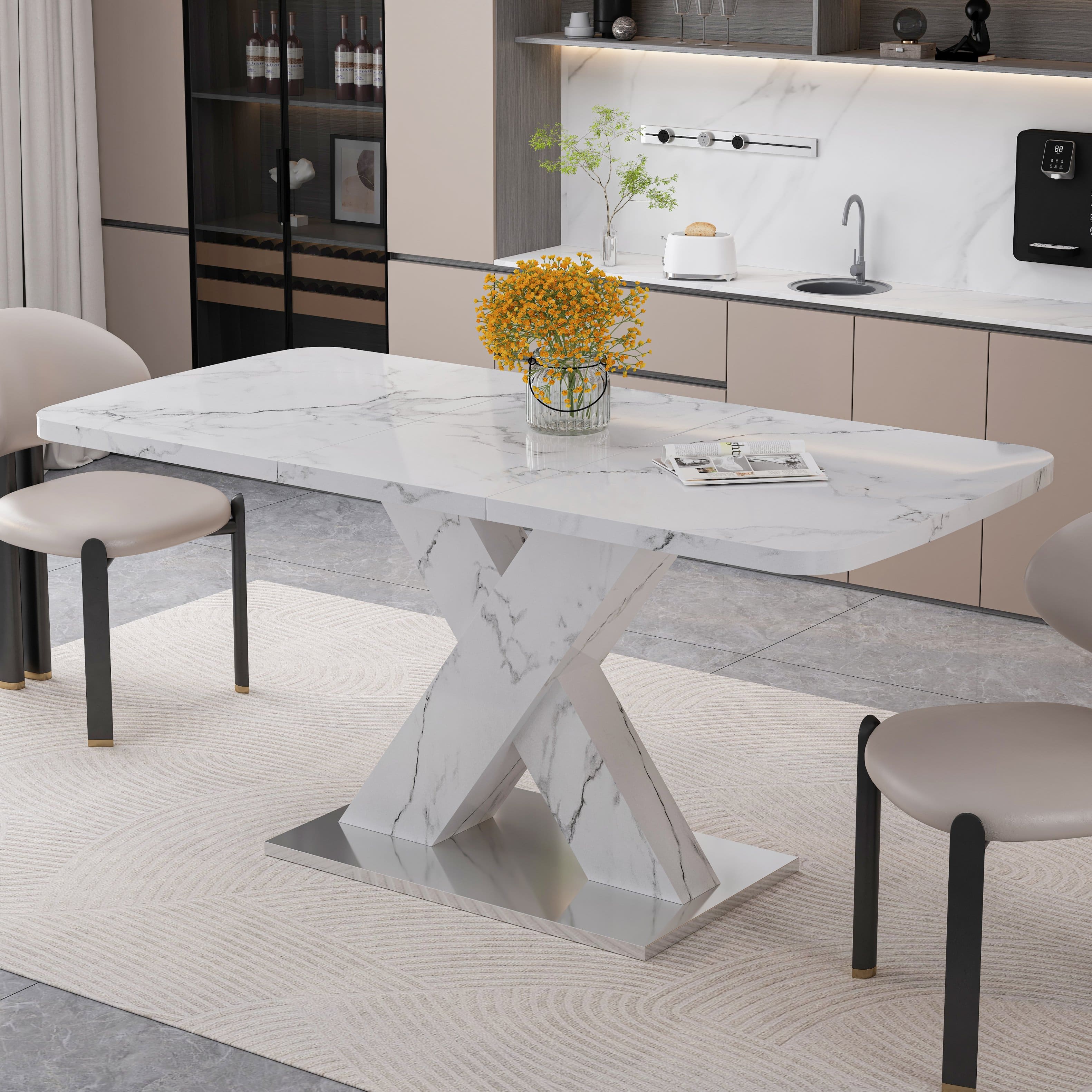 Front. Tiramisubest - Modern Square Dining Table, Stretchable, Printed White Marble Table Top + MDF X-Shape Table Leg with Metal Base - White.