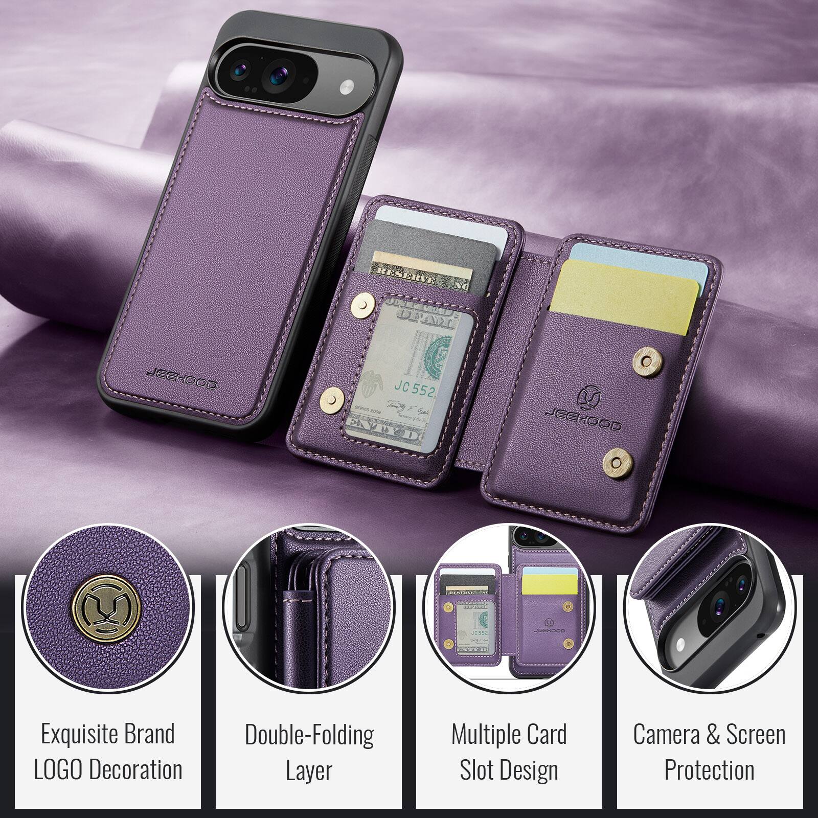 NC DNNE JECKOOS JC 552 i PA DNVEZI JEEKOOP * 1 . Exquisite Brand Double-Folding LOGO Decoration Layer Multiple Card Slot Design Camera & Screen Protection