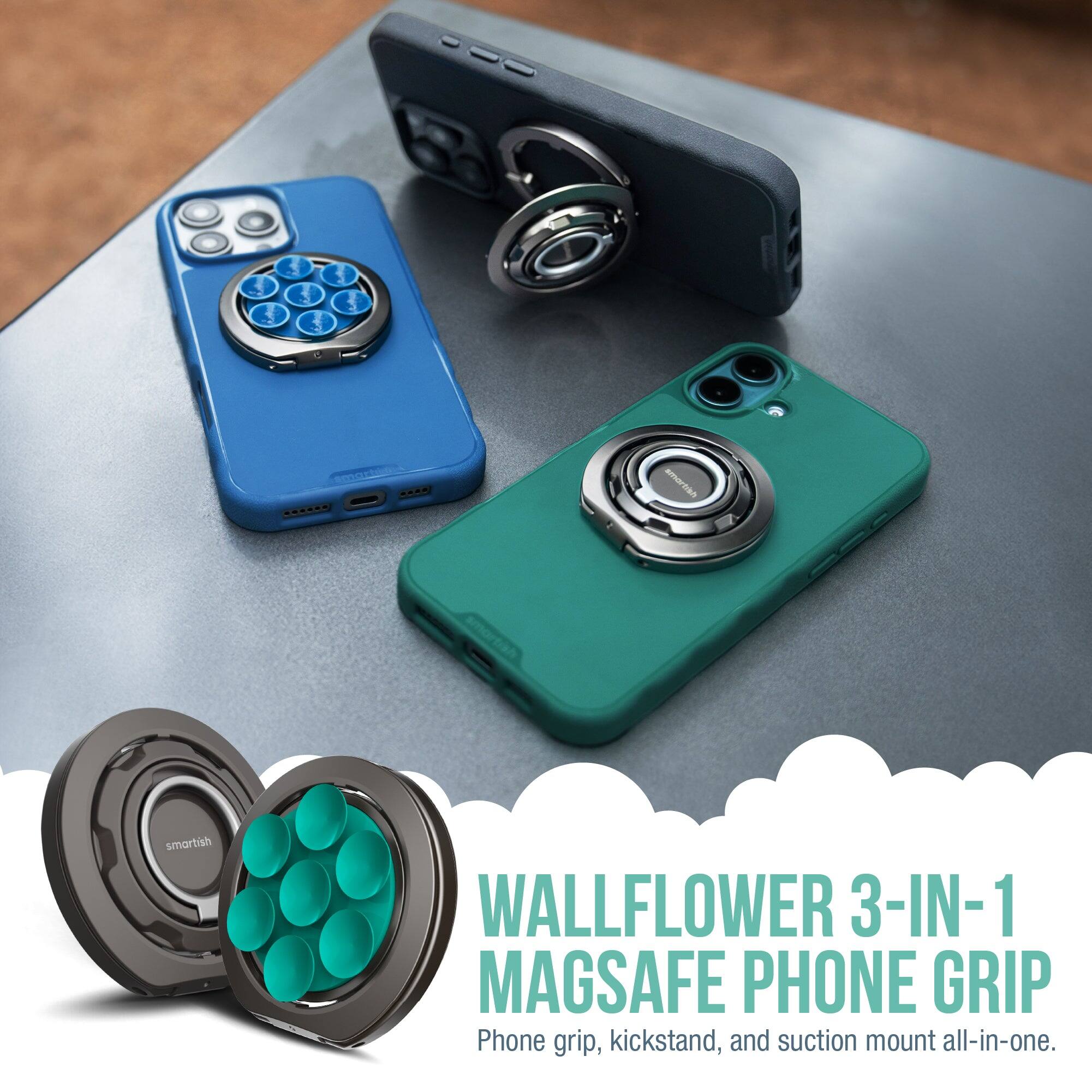 smartish WALLFLOWER 3-IN-1 MAGSAFE PHONE GRIP  
Phone grip, kickstand, and suction mount all-in-one.