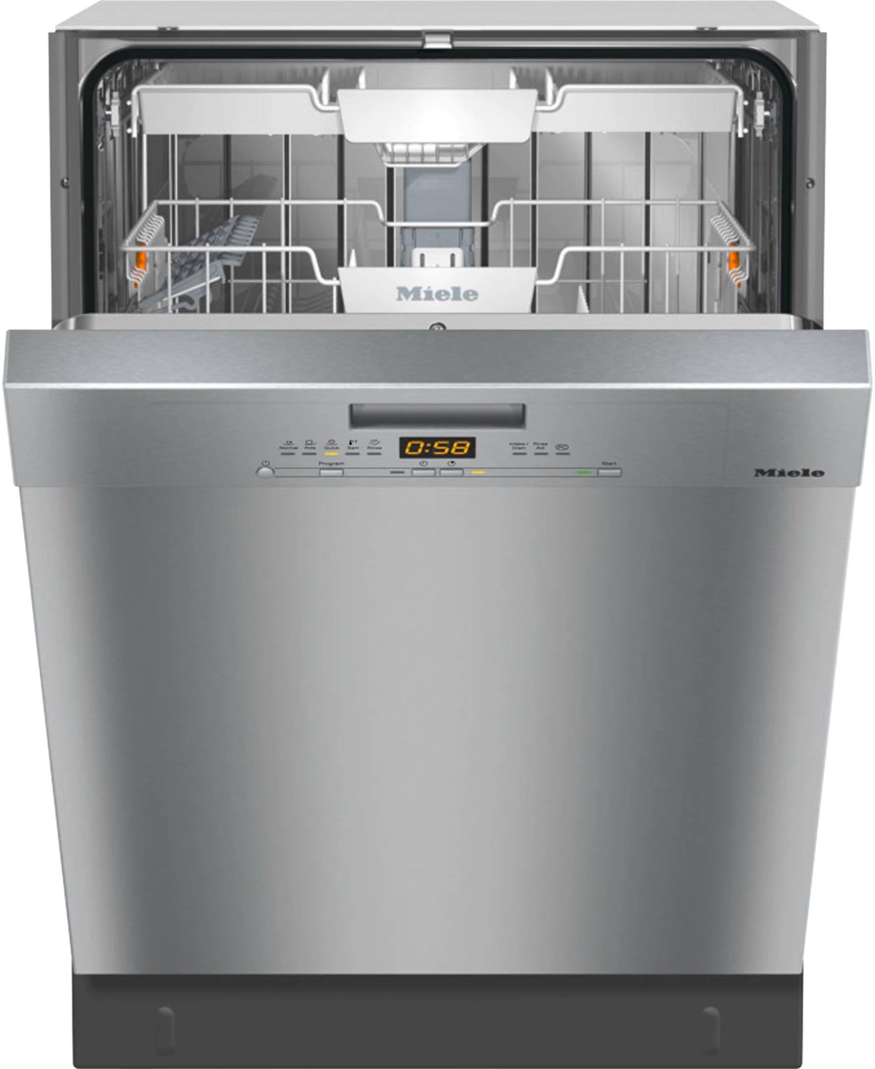 Miele is the brand of the stainless steel appliance in the image.