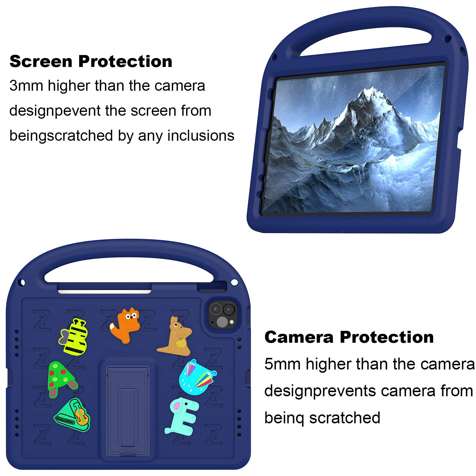 Screen Protection  
3mm higher than the camera design prevents the screen from being scratched by any inclusions

Camera Protection  
5mm higher than the camera design prevents camera from being scratched