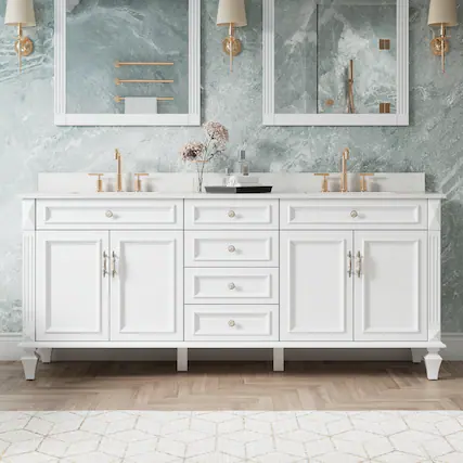Front. WELLFOR - ARTWOOD 80 in. Solid Wood Bath Vanity with Quartz Top, Double Sink, Soft Close, Assembled - White.