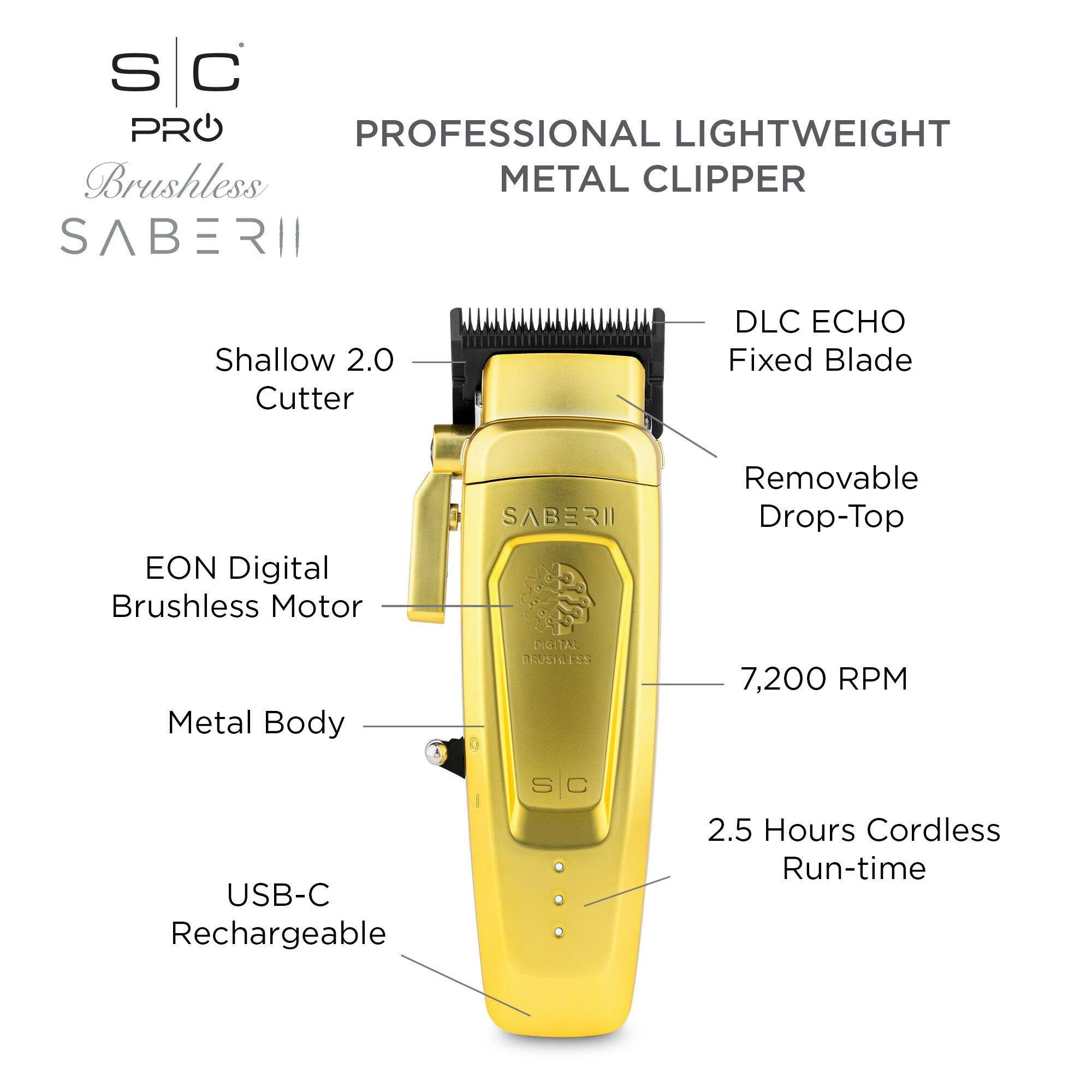S C PRO PROFESSIONAL LIGHTWEIGHT Brushless METAL CLIPPER SABERII Shallow 2.0 Cutter DLC ECHO Fixed Blade EON Digital Brushless Motor SABERII Removable Drop-Top Metal Body USB-C Rechargeable 7,200 RPM 2.5 Hours Cordless Run-time