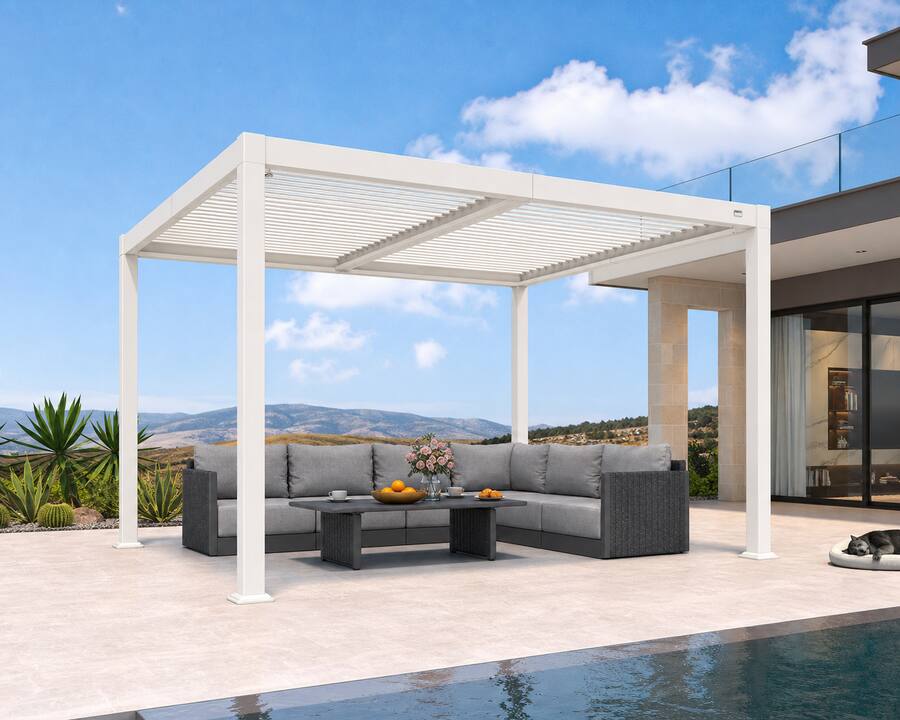 Alt View 1. PURPLE LEAF - Louvered Pergola with LED Strip Lights Outdoor White Aluminum Hardtop Gazebo with Adjustable Roof for Patio Garden Yard - 10'×12'.