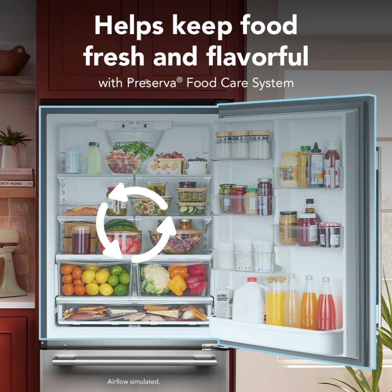 Helps keep food fresh and flavorful with Preserva® Food Care System. Airflow simulated.