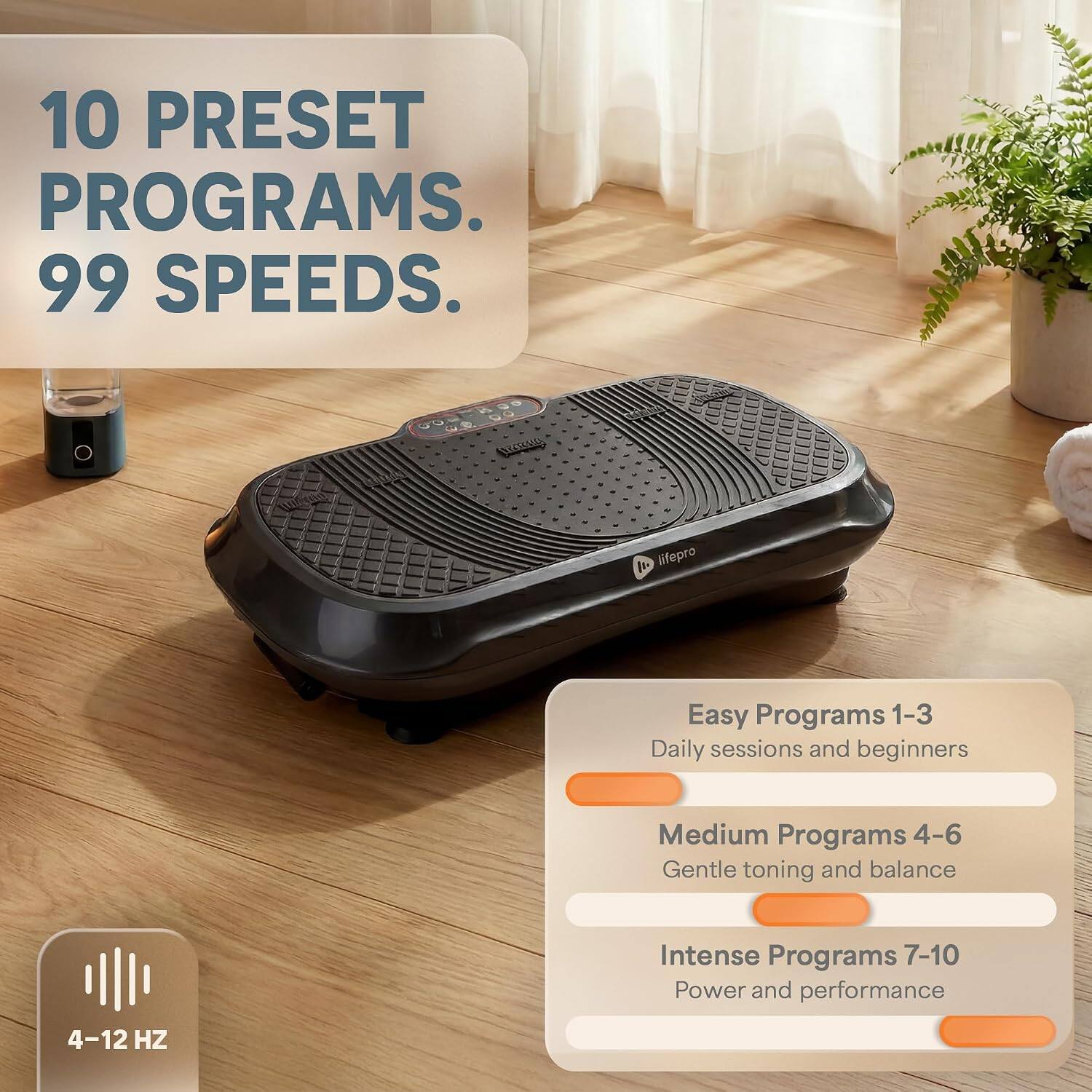 10 PRESET PROGRAMS. 99 SPEEDS.

Easy Programs 1-3
Daily sessions and beginners

Medium Programs 4-6
Gentle toning and balance

Intense Programs 7-10
Power and performance

4-12 HZ