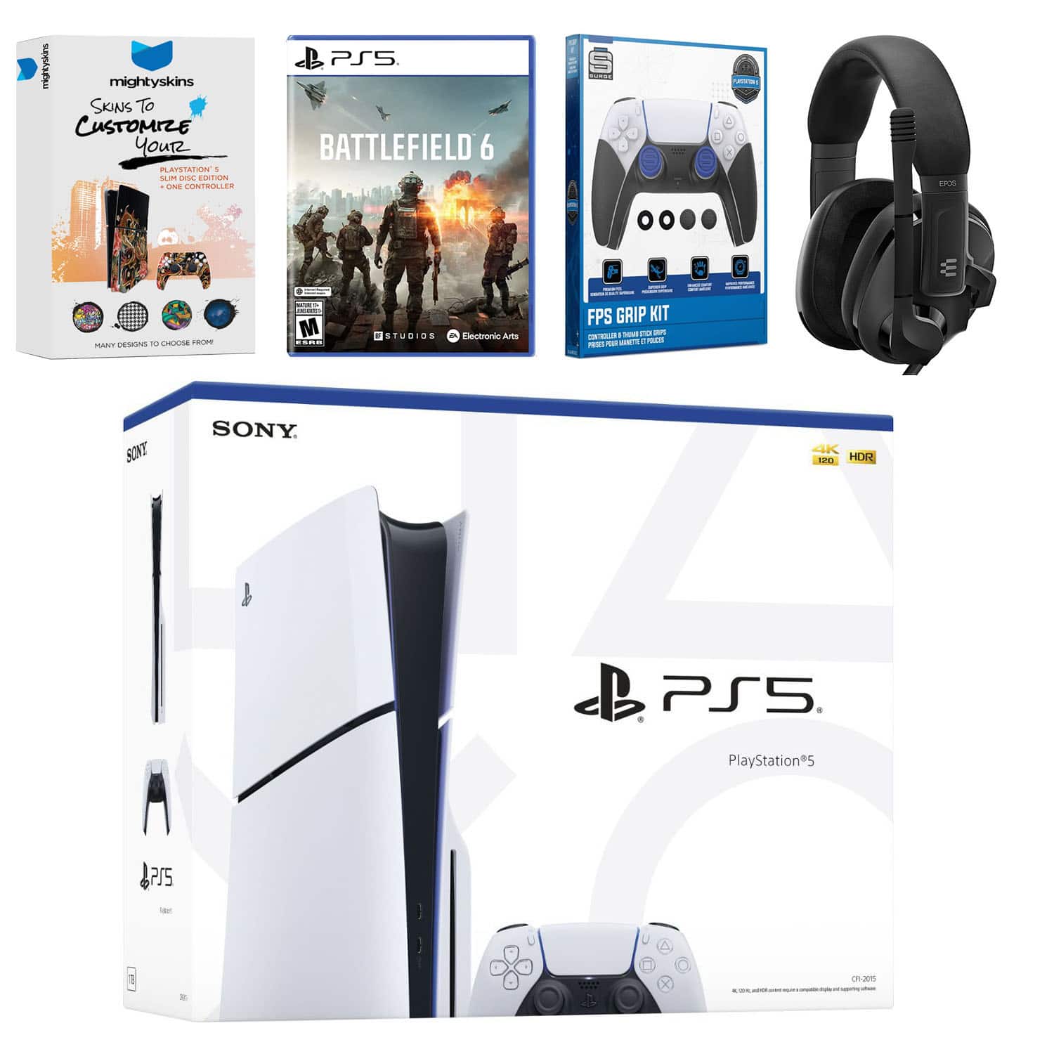 PlayStation 5 Slim Disc Bundle with Battlefield 6, EPOS Headset, FPS Grip Kit and MightySkins Code - PlayStation 5