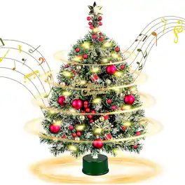 RTMB - Rotating Musical Mini Christmas Tree 24” Tabletop Spinning Xmas Tree with LED Lights and Ornaments - Green