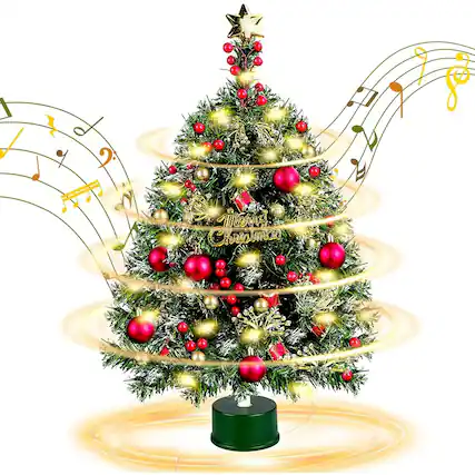 Front. RTMB - Rotating Musical Mini Christmas Tree 24” Tabletop Spinning Xmas Tree with LED Lights and Ornaments - Green.