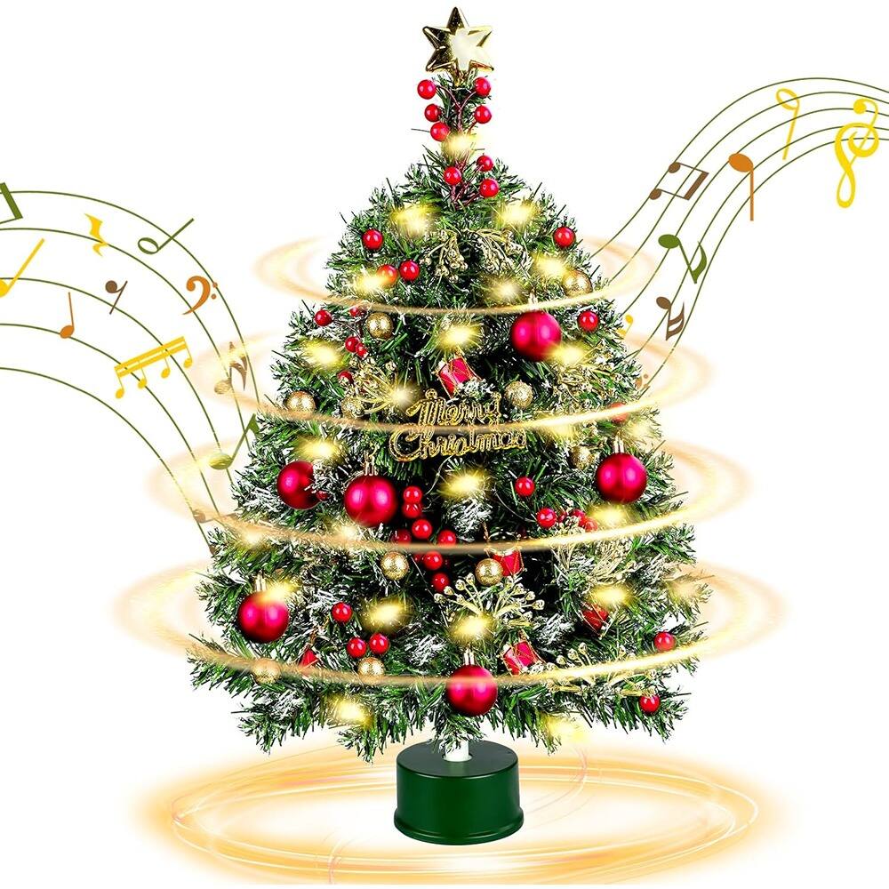 RTMB - Rotating Musical Mini Christmas Tree 24” Tabletop Spinning Xmas Tree with LED Lights and Ornaments - Green