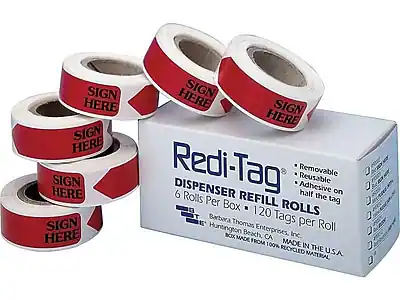 Redi-Tag Dispenser Refill
6 Rolls Per Box
120 Tags Per Roll
Sign Here
Removable
Reusable
Adhesive on half the tag
Barbara Thomas Enterprises, Inc.
Huntington Beach, CA
Made in the USA
Box made from 100% recycled material