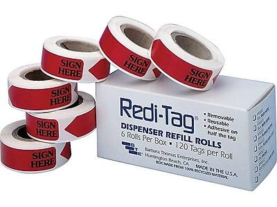 Redi-Tag Dispenser Refill  
6 Rolls Per Box  
120 Tags Per Roll  

Sign Here  

Removable  
Reusable  
Adhesive on half the tag  

Barbara Thomas Enterprises, Inc.  
Huntington Beach, CA  
Made in the USA  
Box made from 100% recycled material