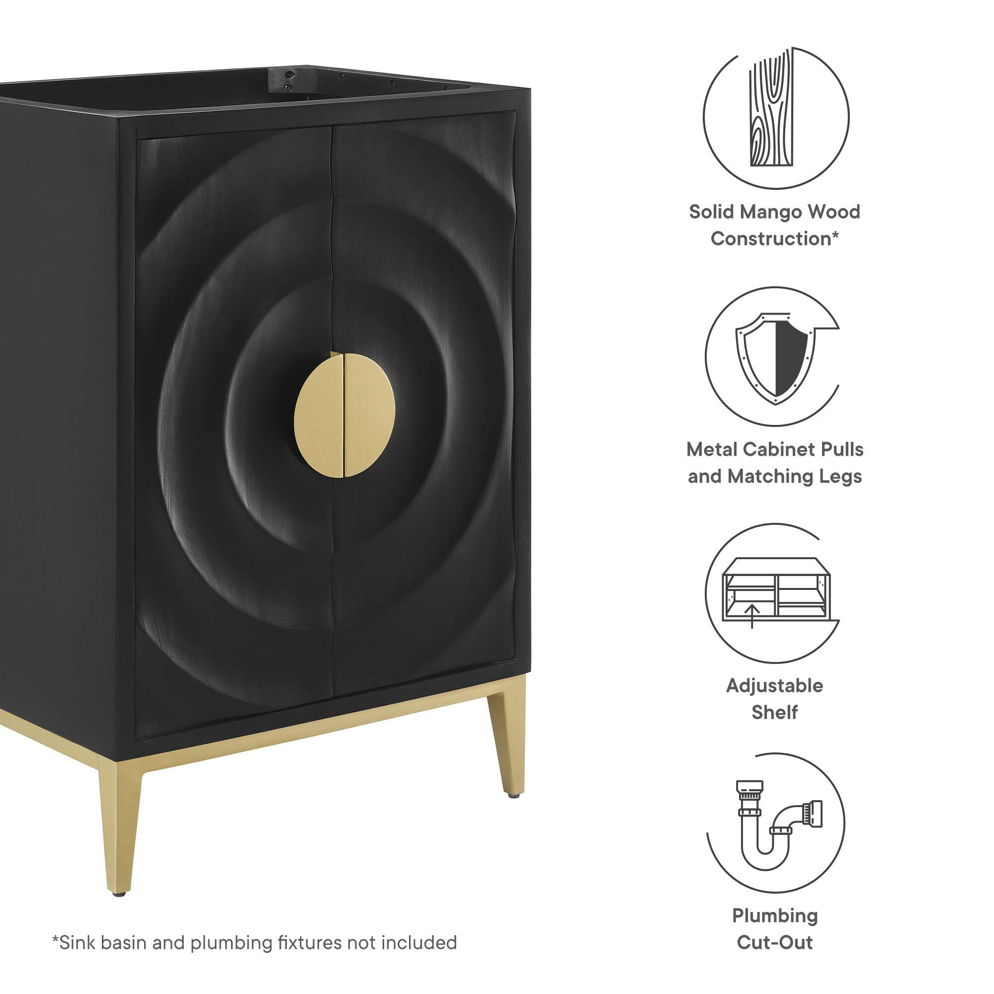 - Solid Mango Wood Construction*
- Metal Cabinet Pulls and Matching Legs
- Adjustable Shelf
- Plumbing Cut-Out
- *Sink basin and plumbing fixtures not included