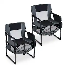Gymax - Outdoor Camping Chair for Adults Heavy Duty Lawn Chair w/Cup Holder&Side Pocket Gray - Black