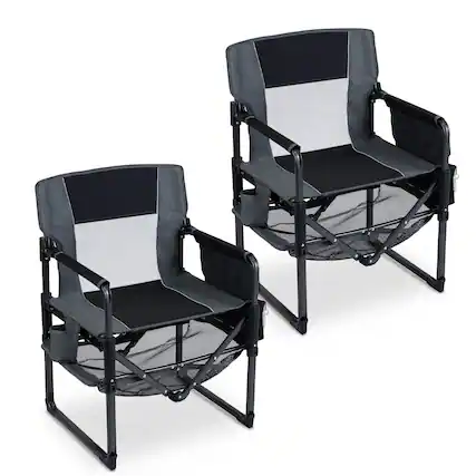 Front. Gymax - Gymax Outdoor Camping Chair for Adults Heavy Duty Lawn Chair w/Cup Holder&Side Pocket Black & Gray - Black.