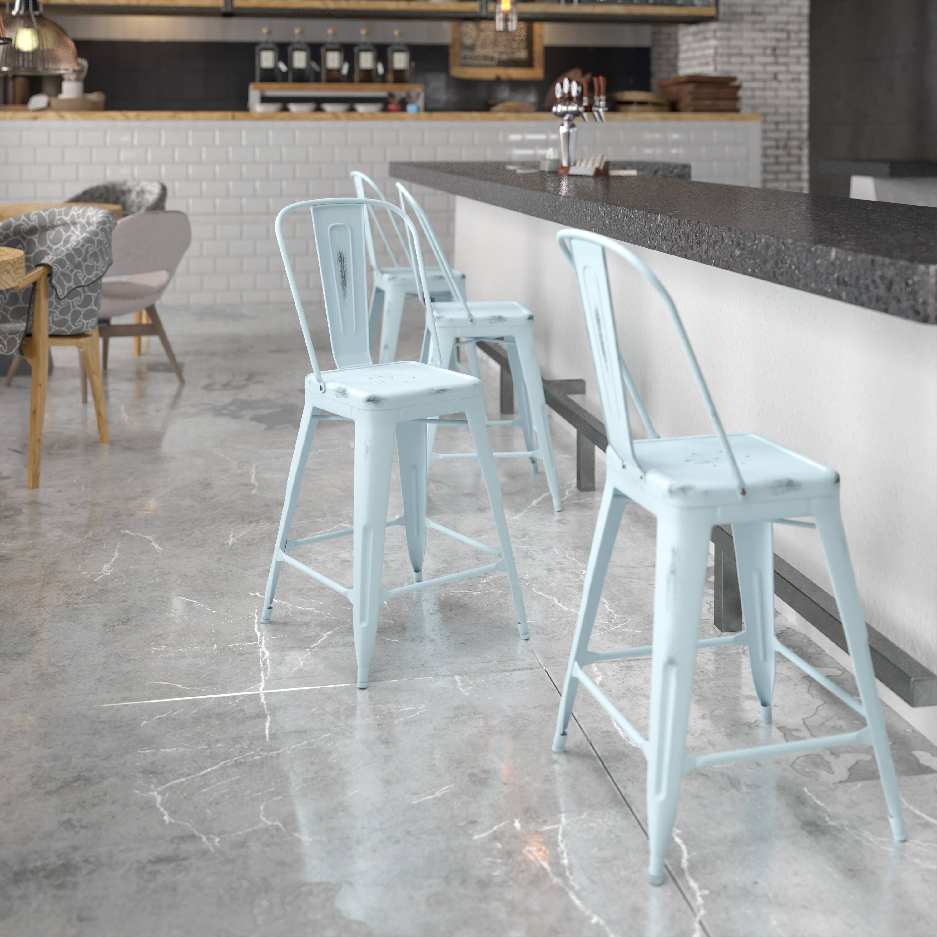 Angle. Flash Furniture - Carly Commercial Grade 24" High Distressed Green-Blue Metal Indoor-Outdoor Counter Height Stool with Back - Blue.