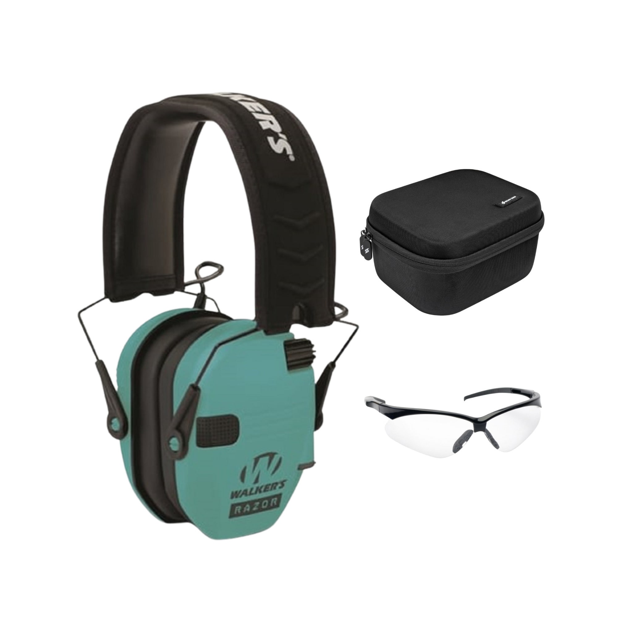 Walker’s - Walker's Razor Slim Ear Muff with Shooting Glasses and Hard Case (3 Items) - Teal