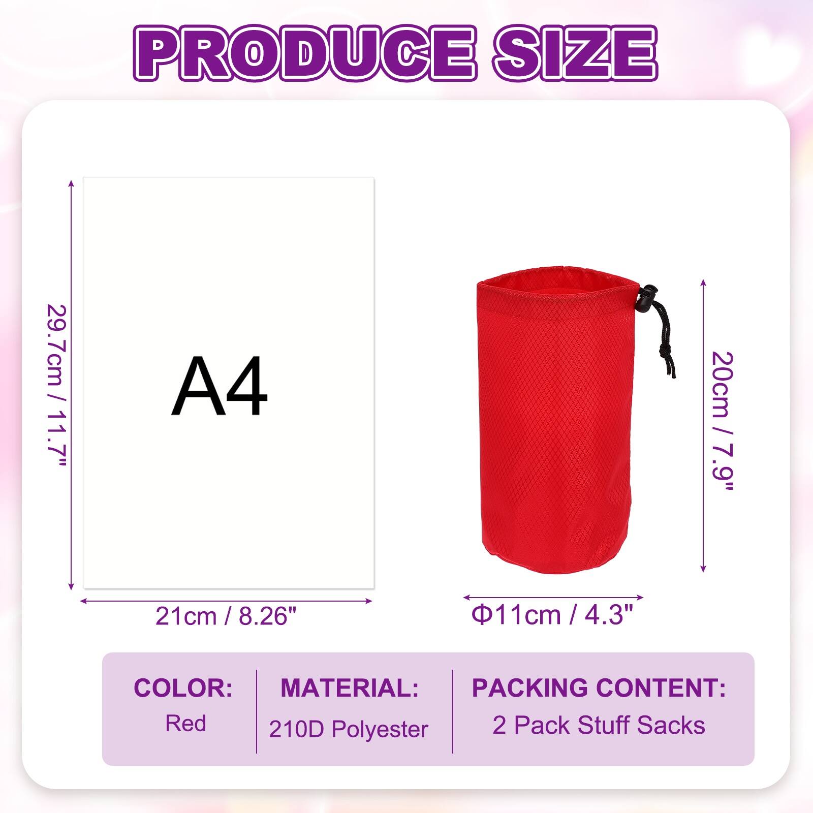 PRODUCE SIZE

29.7cm / 11.7"  
21cm / 8.26"  
A4

COLOR: Red  
MATERIAL: 210D Polyester  
PACKING CONTENT: 2 Pack Stuff Sacks