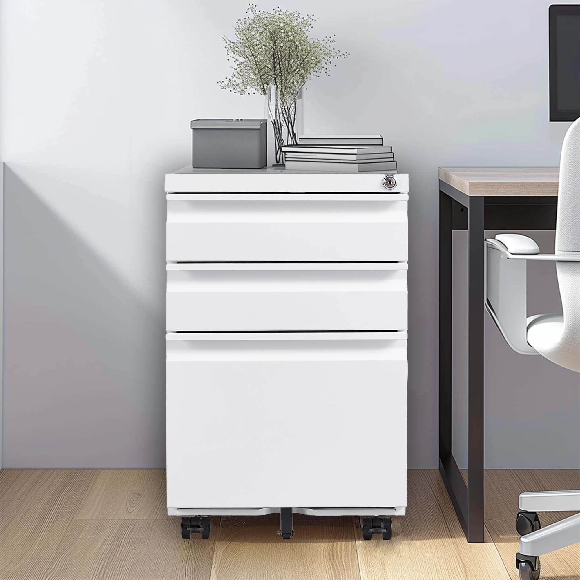 Alt View 1. Ecooso - 3 Drawer Mobile File Cabinet with Lock, Fully Assembled Metal Office File Storage Organizer for Letter A4 Files - White.